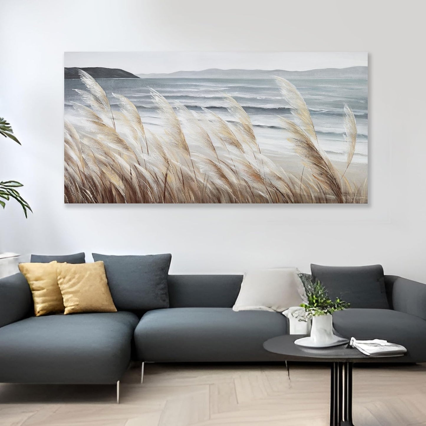Plant Wall Art Nature Wall Art Reed Seascape Canvas Painting Wall Decor Framed Artwork for Bedroom Living Room Decoration Home Kitchen Office 24"x48"