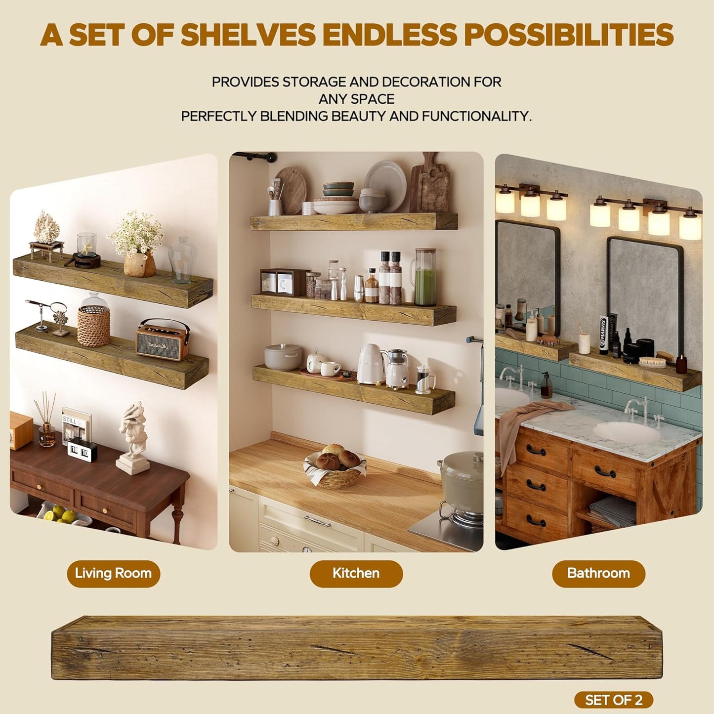 Floating Shelves 3 inch Thick for Wall Set of 2,Solid Pine Wood Wall Mount Shelf for Kitchen Living Room Bedroom Bathroom,8" D x 60" L x 3" H-Distressed Black Walnut