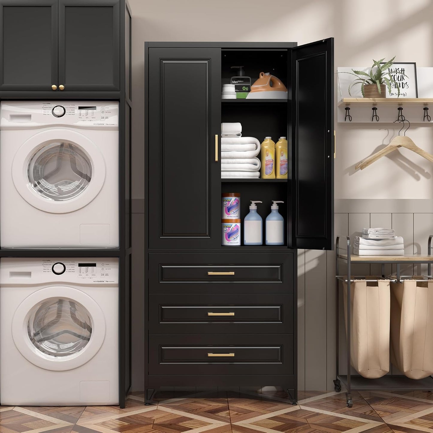 75" Kitchen Pantry Cabinet with 3 Drawers,Metal Storage Cabinets with Doors and 4 Adjustable Shelves,Black Kitchen Cabinet with 2 Gold Handles,Food Cupboard for Livingroom, Bathroom,Pantry