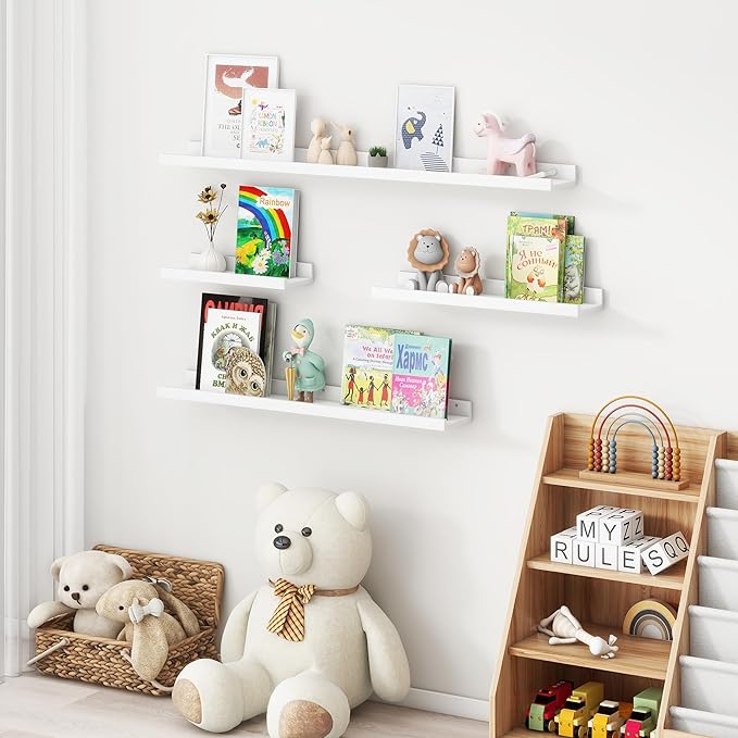Picture Ledge Shelf for Wall, 56 inches Solid Pine Wood Nursery Book Shelves 3 Packs, Floating Ledge Shelves for Kids' Room Bedroom Bathroom Long Floating Shelves for Wall Nursey Wall Decor, White