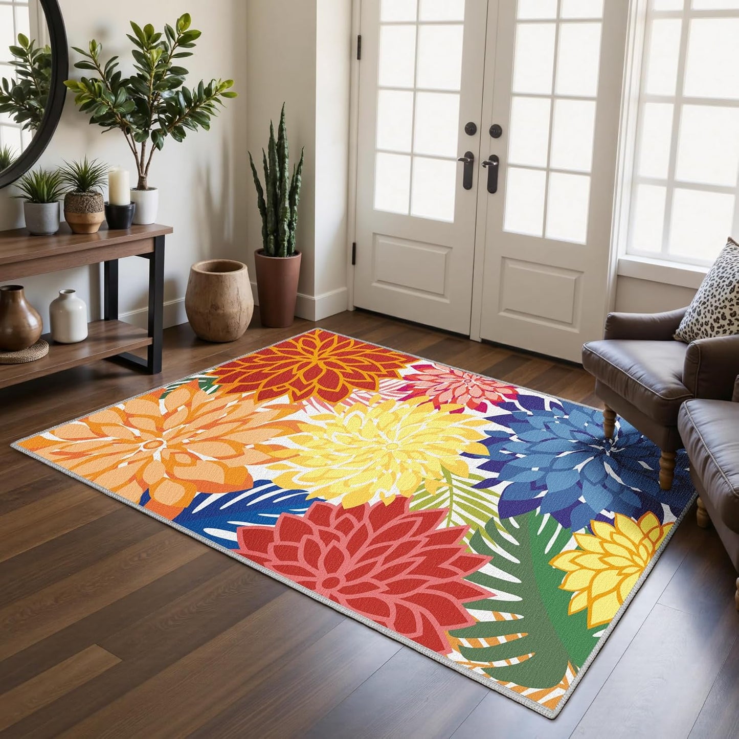 Area Rug 3x5 Washable Entry Rug Multicolored Tropical Botanical Modern Floral Indoor Kitchen Door Mat Entrance Carpet Non Slip for Bedroom Living Room, Porch