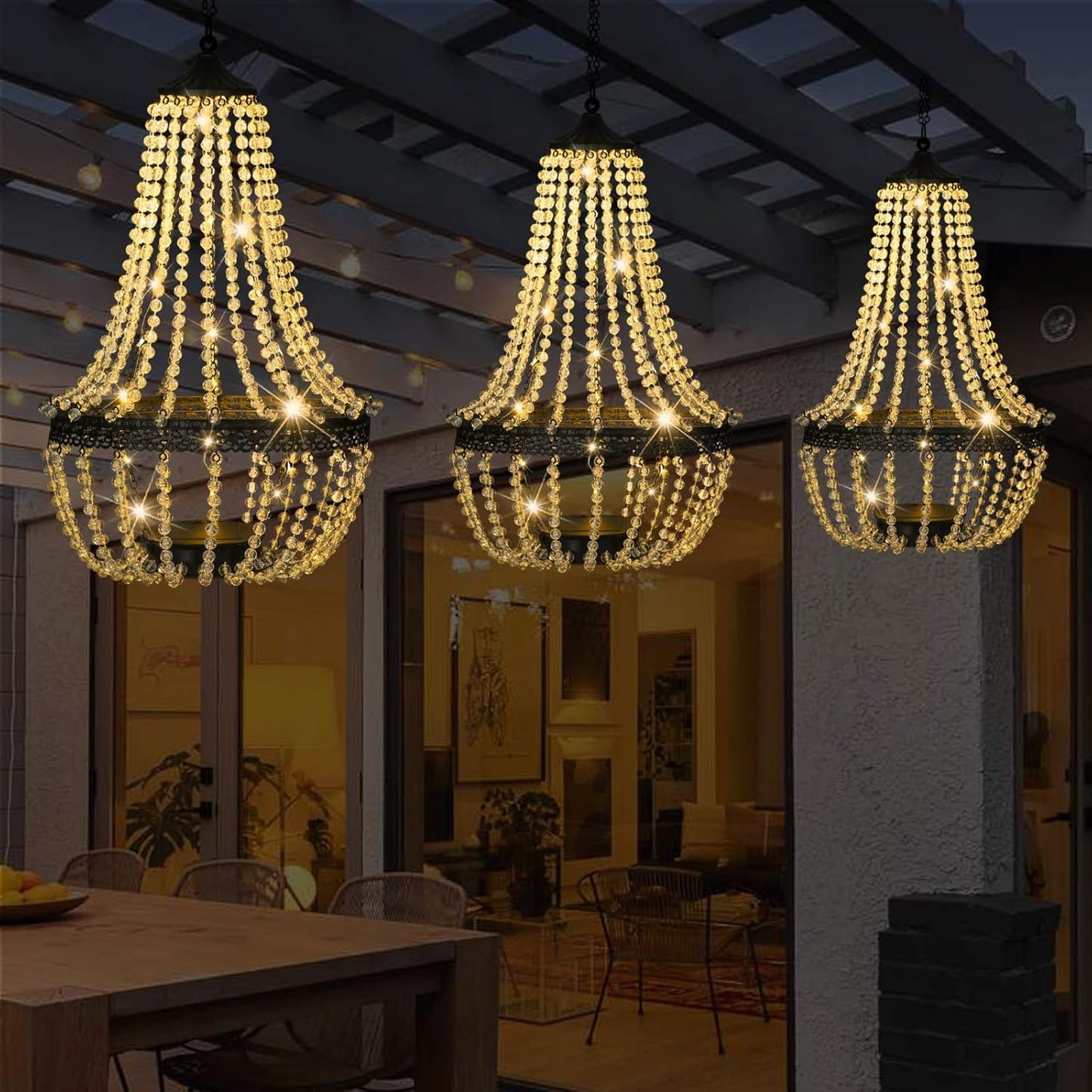 Hanging Solar Chandelier Outdoor, 30 Warm White Lights Acrylic Clear Beaded Chandelier with S Hooks Modern Lantern for Garden Yard Patio Gazebo Decorations, 28”H