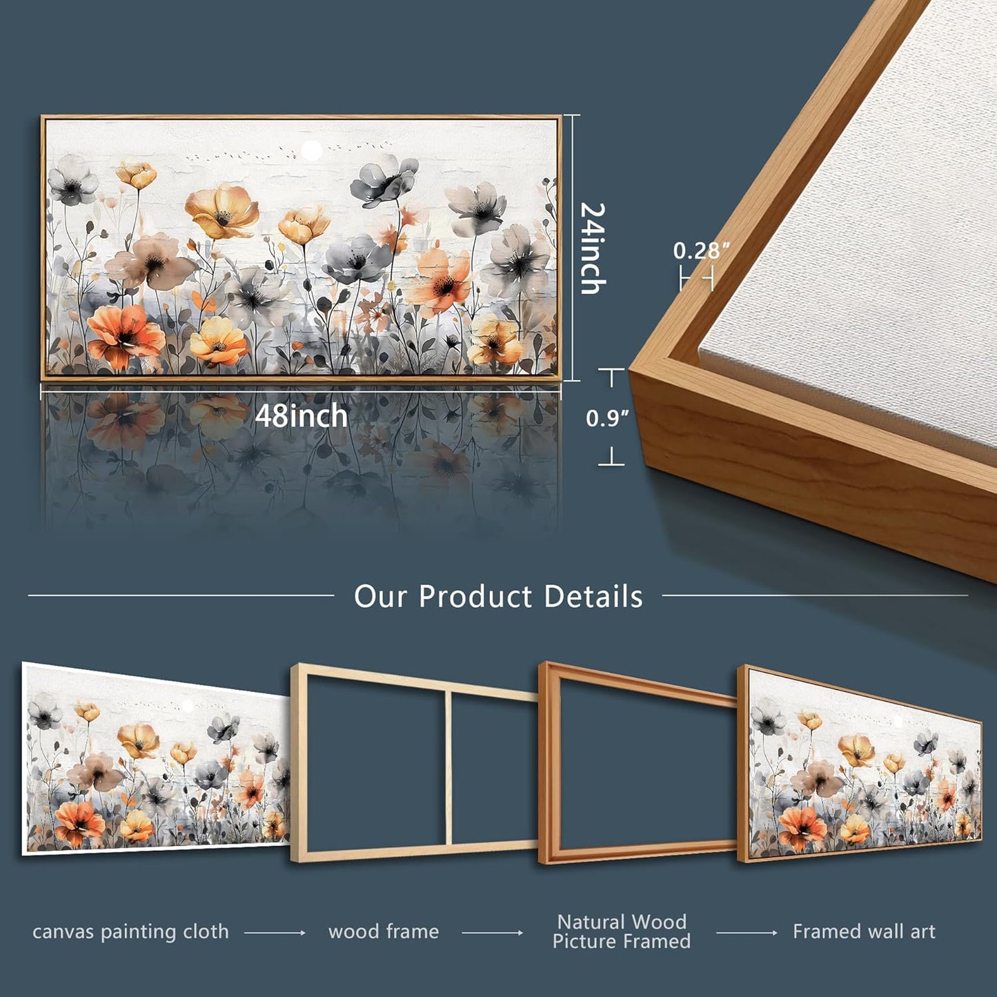 ZUITINGHUA Large Wood Framed Wall Decor For Living Room Canvas Wall Art For Office Modern Wall Decorations For Bedroom Flowers Landscape Paintings Farmhouse Pictures Artwork Home Decor 24x48 In