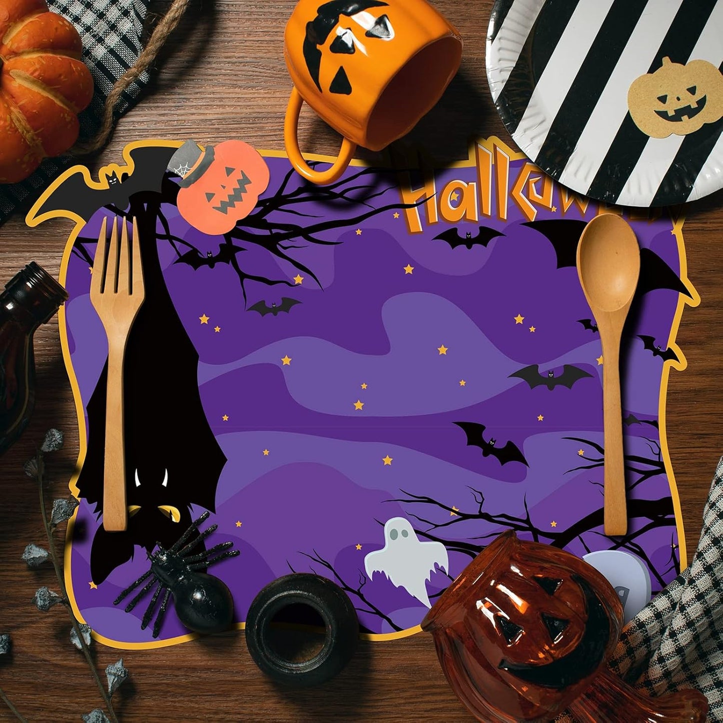 MCEAST 6 Pack Halloween Plastic Placemats Halloween Pumpkin Spider Ghost Waterproof Table Mats Assorted 6 Styles Halloween Party Table Decorations for Home Kitchen Dining, 16 x 12 Inches