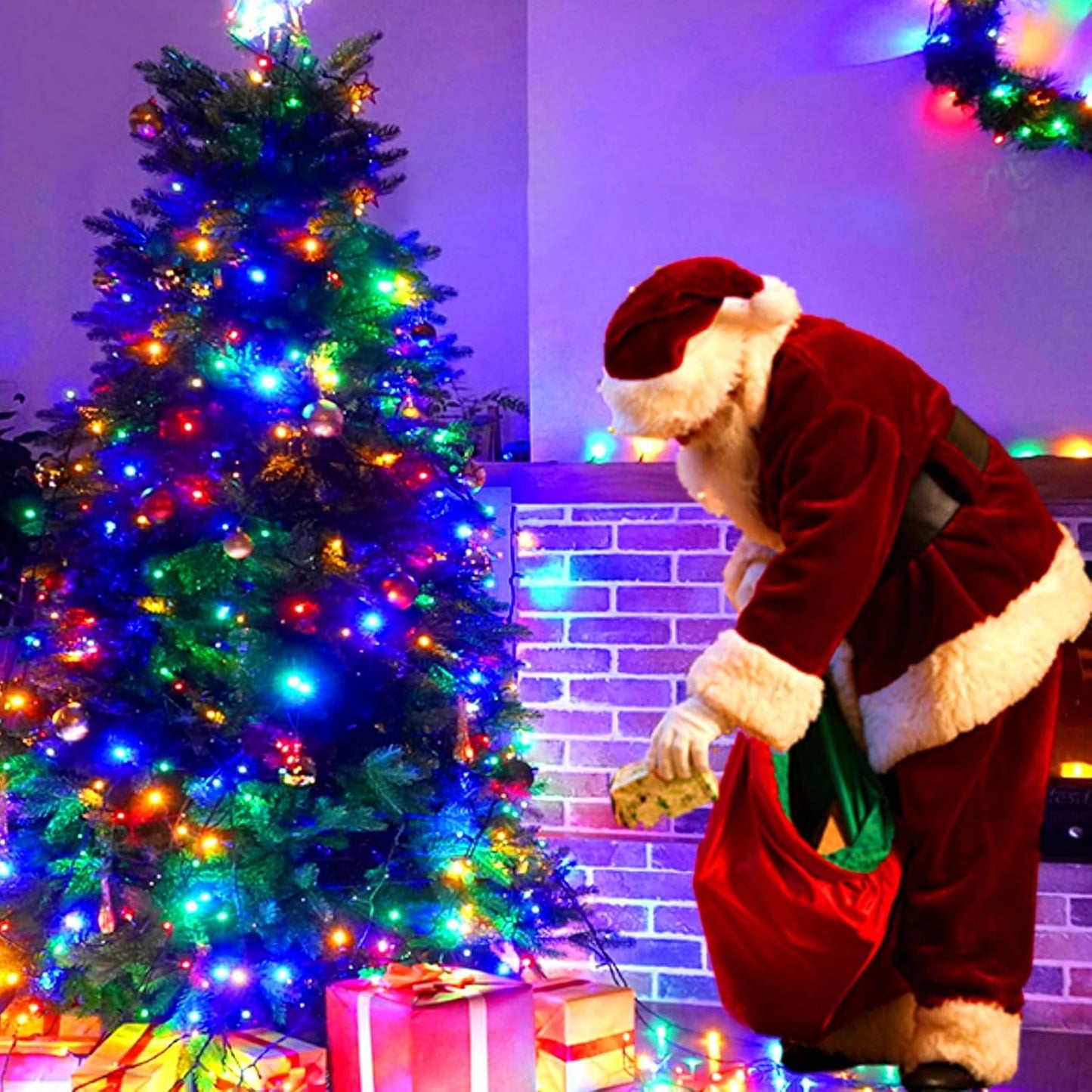 Music Motion Sensor Christmas String Lights 105FT 300 LED,Multicolour Christmas Tree Lights,End to End Plug In 6 Modes Decorative Light, No Timer;Waterproof for Indoor Outdoor Tree Party Decor