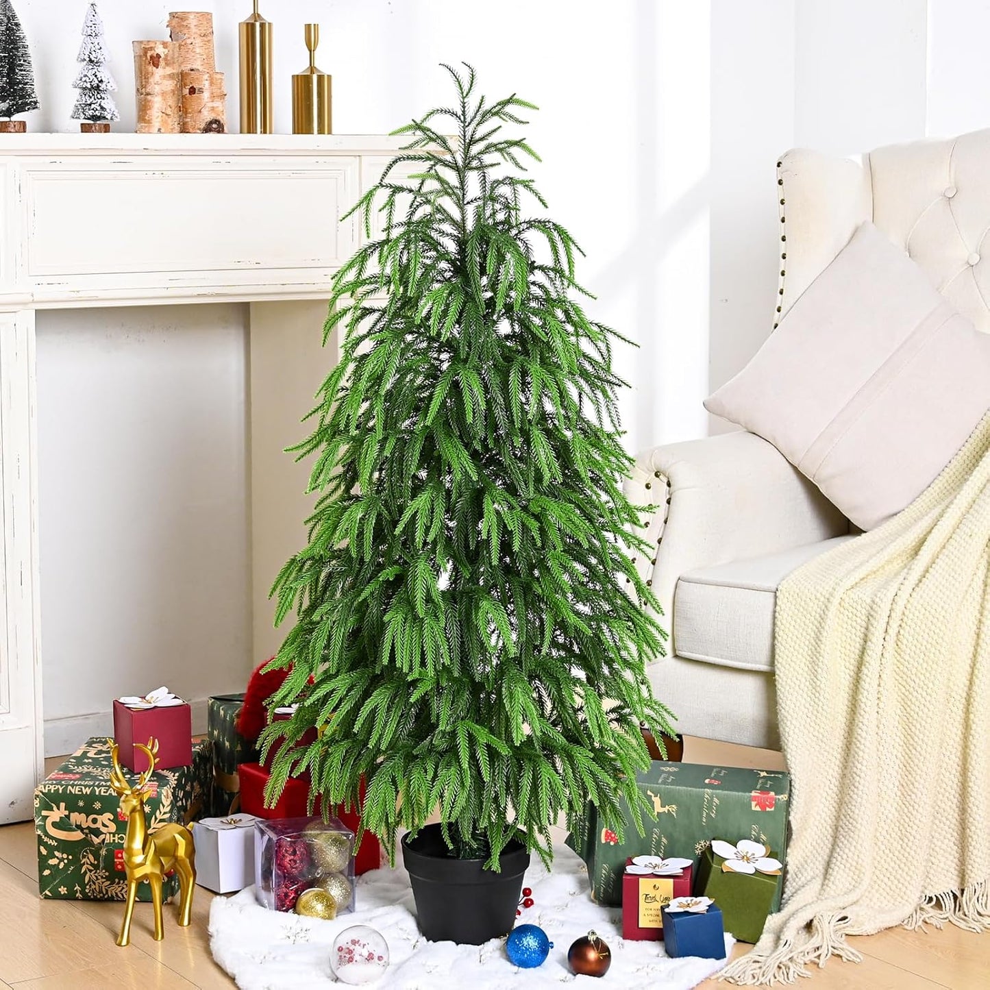 Set of 2 Artificial Norfolk Pine Tree, 4 ft Realistic Christmas Tree, Fake Potted Plants for Front Porch Outdoor Indoor Garden Christmas Decor(2 PCS, 4ft)