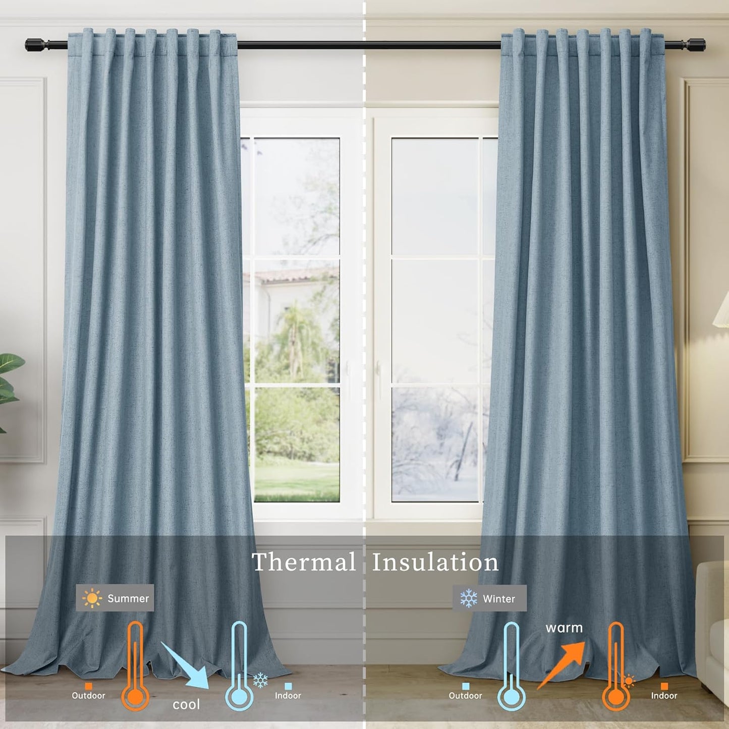 BOODII Blue Black Out Curtains 63 Inch Long for Bedroom Window Room Darkening Full Light Blocking Curtains Back Tab Neutral Elegant Nursery Baby Blackout Curtain Thermal Insulated Linen Drapes 52x63