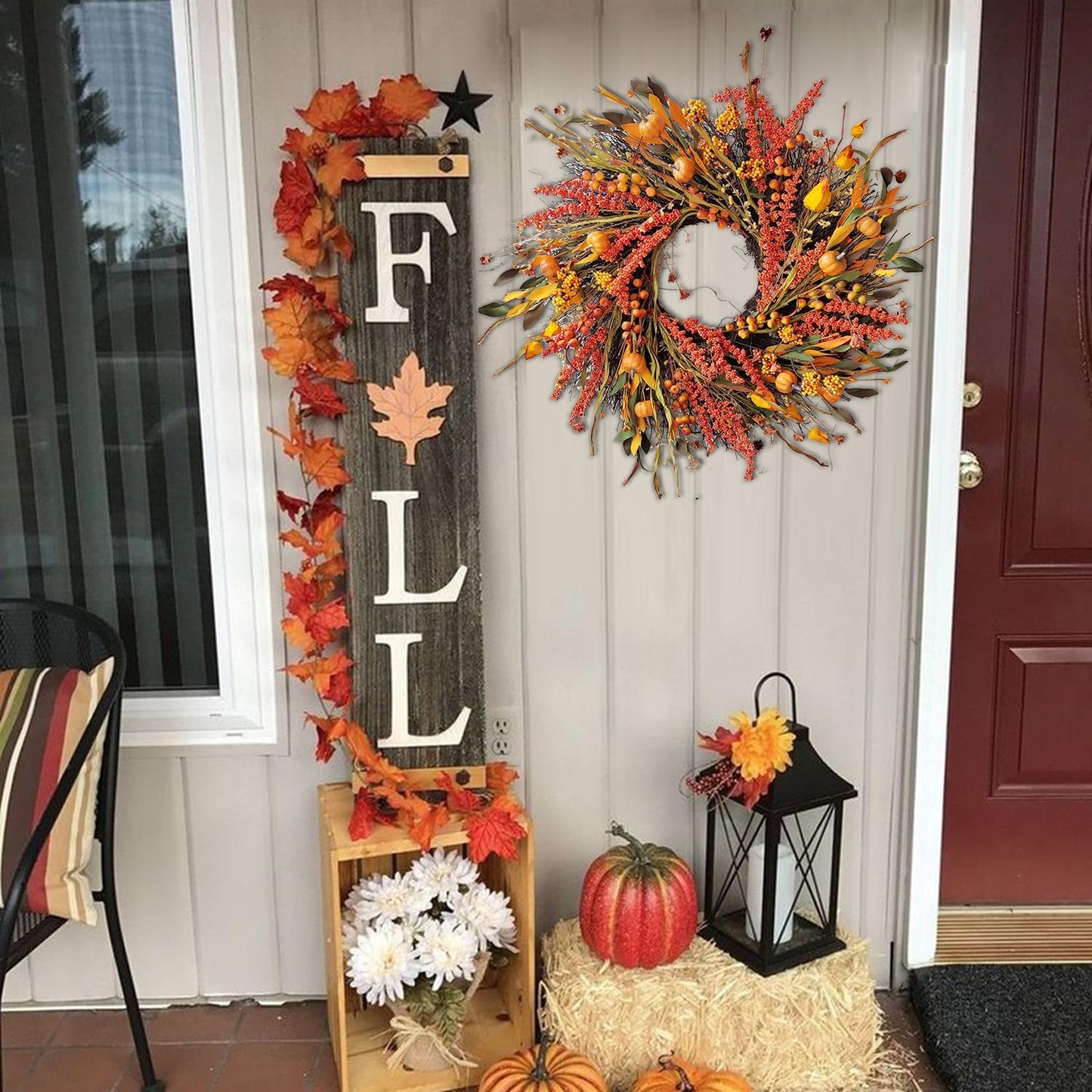 WANNA-CUL 24 inch Fall Wreath Decor for Front Door with Pumpkins, Hawthorn,Grain,Lantern Fruit,Berries,Eucalyptus Leaves, Large Harvest Door Wreath for Autumn or Thanksgiving Decoration