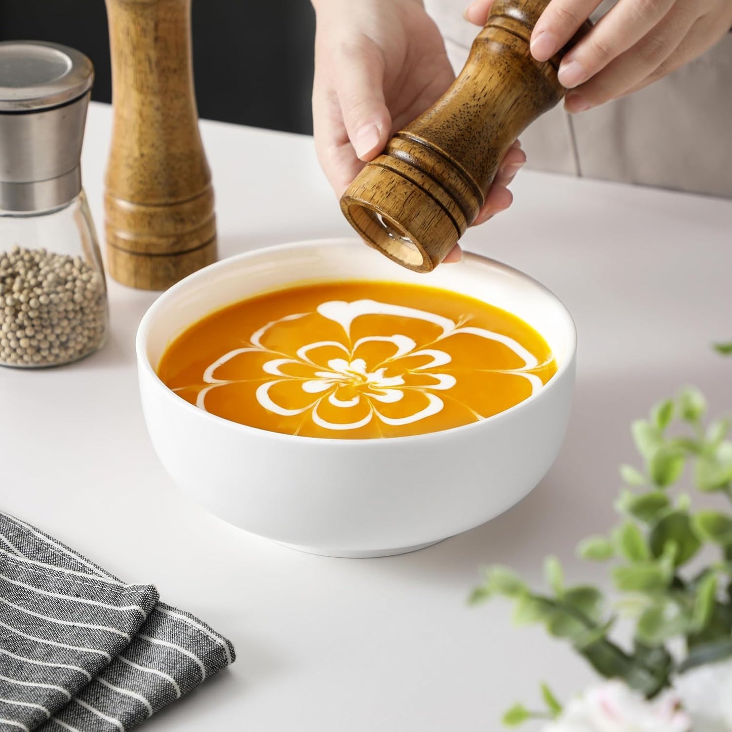 MALACASA Salad Bowls Set, 44 OZ (7") Large Soup Bowls Cereal Bowl for Kitchen, White Ceramic Bowls Set of 2, Dishwasher & Microwave Safe,Series REGULAR