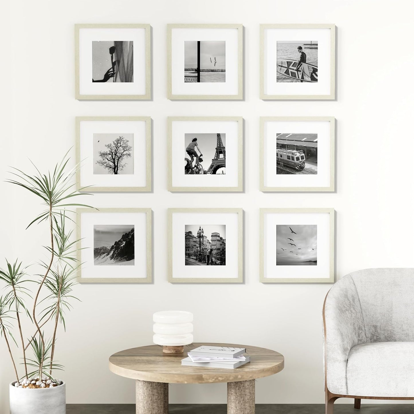 Vittanly 12x12 Picture Frames Set of 9, Shatter Resistant Plexiglass, Display 8x8 Pictures with Mat or 12x12 without Mat, Photo Frames for Wall Mount, Engineered Wood, Cornsilk