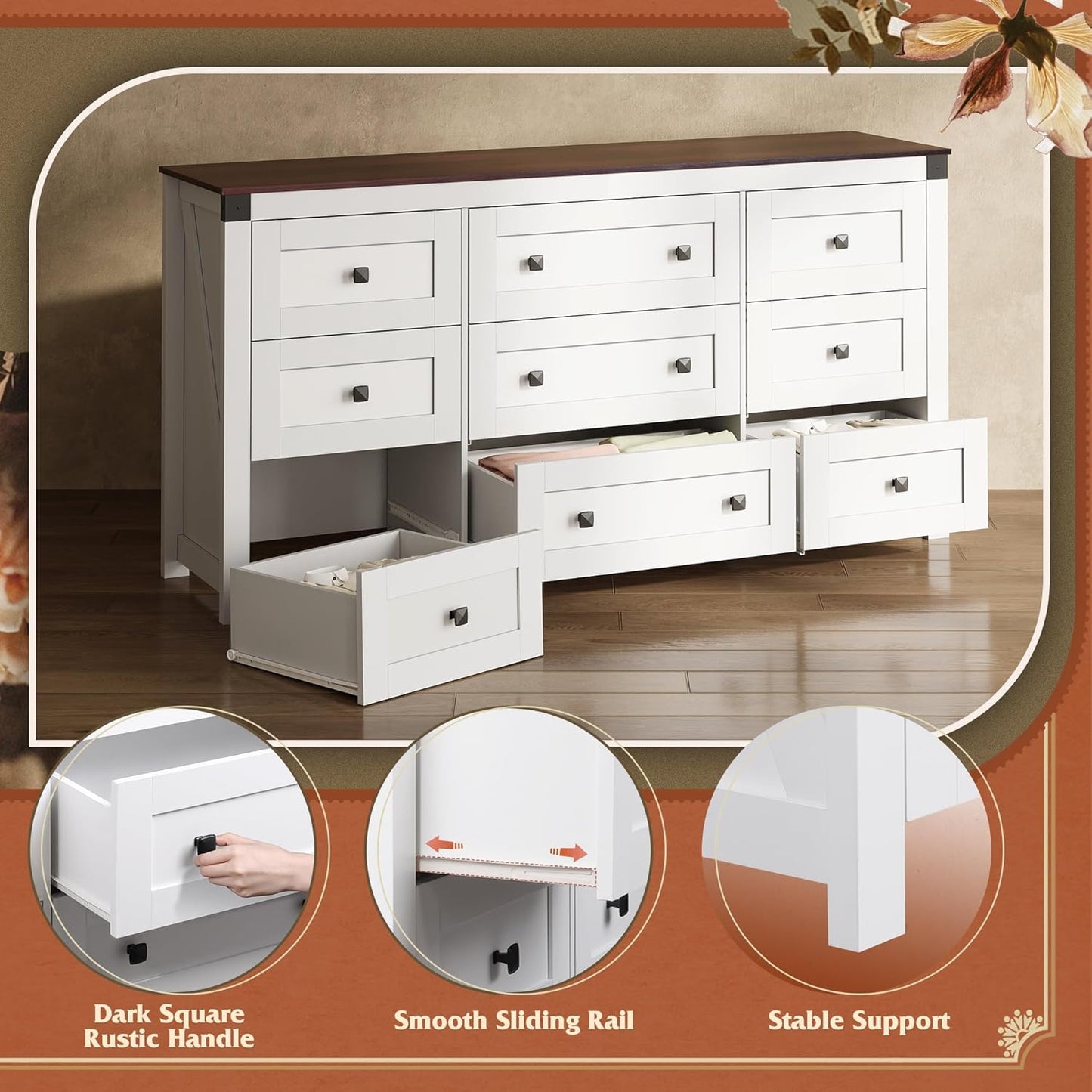 WLIVE Farmhouse Dresser for Bedroom, 63" Wide 9 Drawer Dresser Storage Organizer, Wood Chest of Drawers for Bedroom, TV Stand for 70 inch TV, for Living Room, Hallway, Ball Bearing Slide (White)