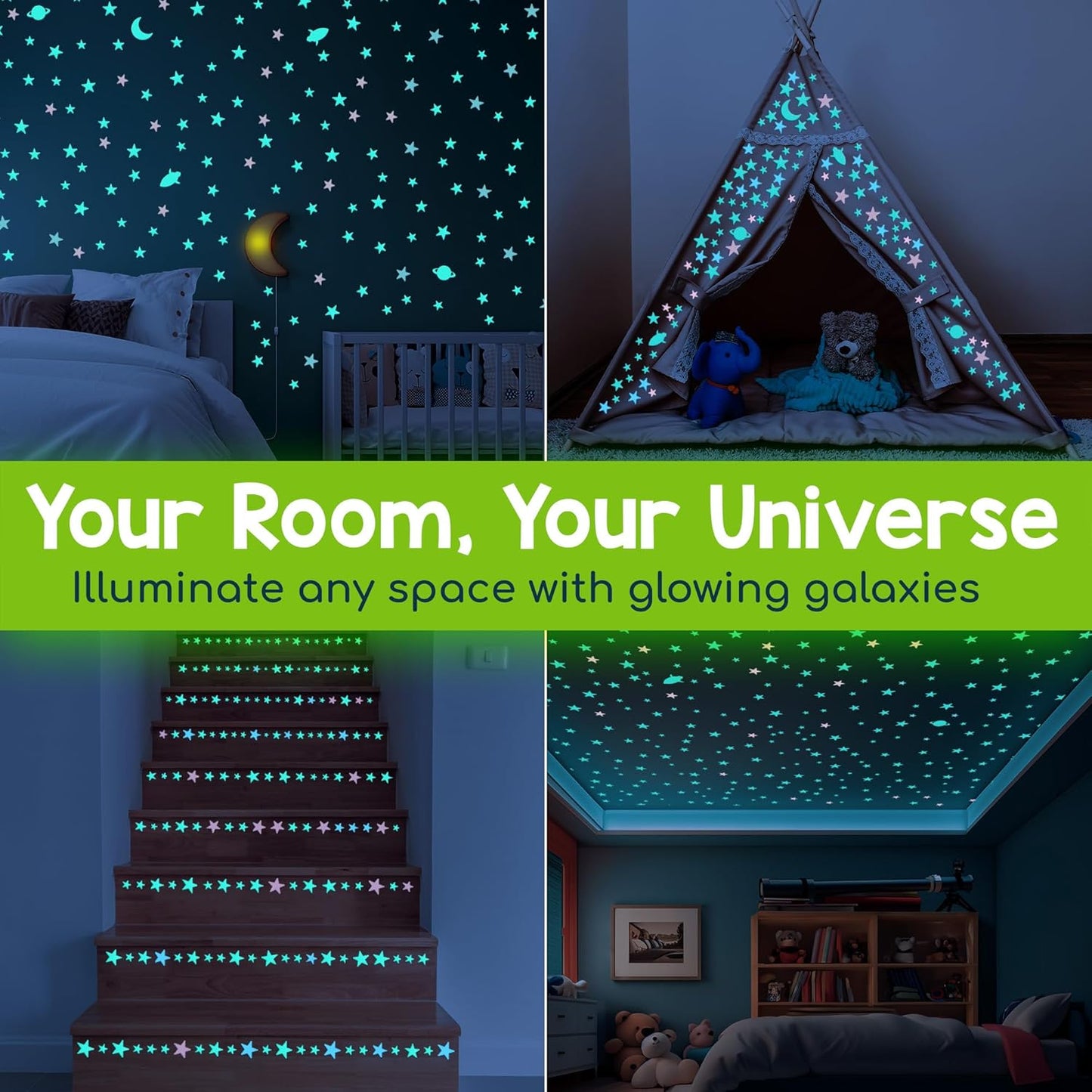 BUNMO Glow in The Dark Stars for Ceiling & Walls – 280 Piece Bright Wall Stickers, Long Lasting Non-Toxic Decals with Moons & Planets for Kids Bedroom, Nursery & Room Decor
