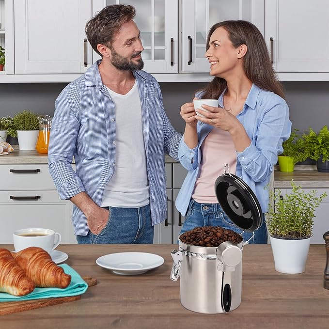 ShanSon Coffee Canister Airtight Coffee Container Stainless Steel Coffee Bean Storage Container with Scoop Coffee Canister for Beans Grounds Sugar Flour Tea Cereal,16OZ,Silver