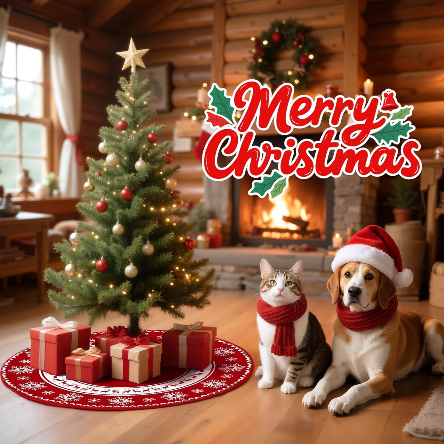 Christmas Tree Skirt 48 Inches Red Xmas Soft Cover Mat Decor Retro Xmas Tree Skirt for New Year Holiday Ornaments Indoor Outdoor Decorations (Snowflake Reindeer)