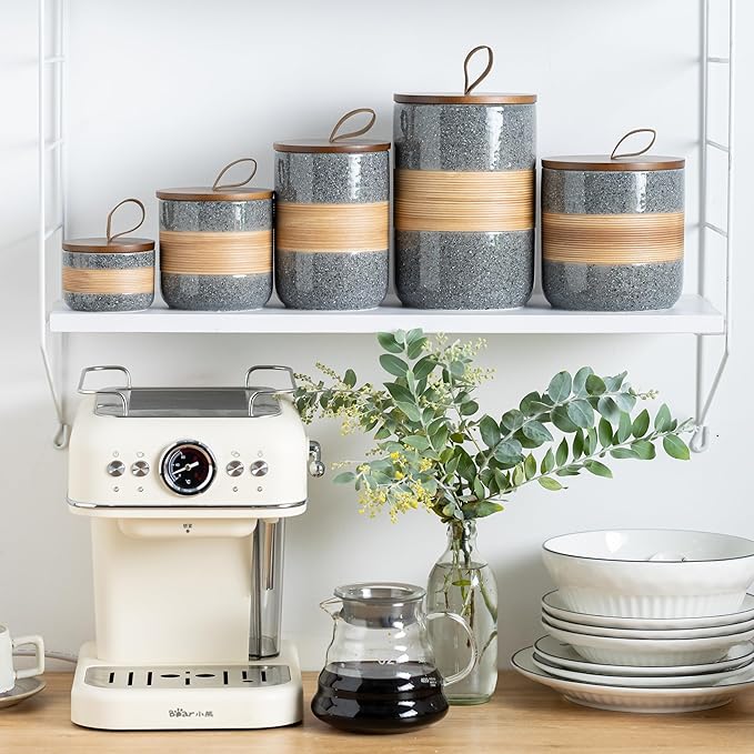 Small Ceramic Jar with Lid, Coffee Container, Coffee Canisters with Airtight Lids Kitchen Food Storage Jars for Spice Sugar Tea Bag, Mini Decorative Jars for Countertop, Grey & 5oz