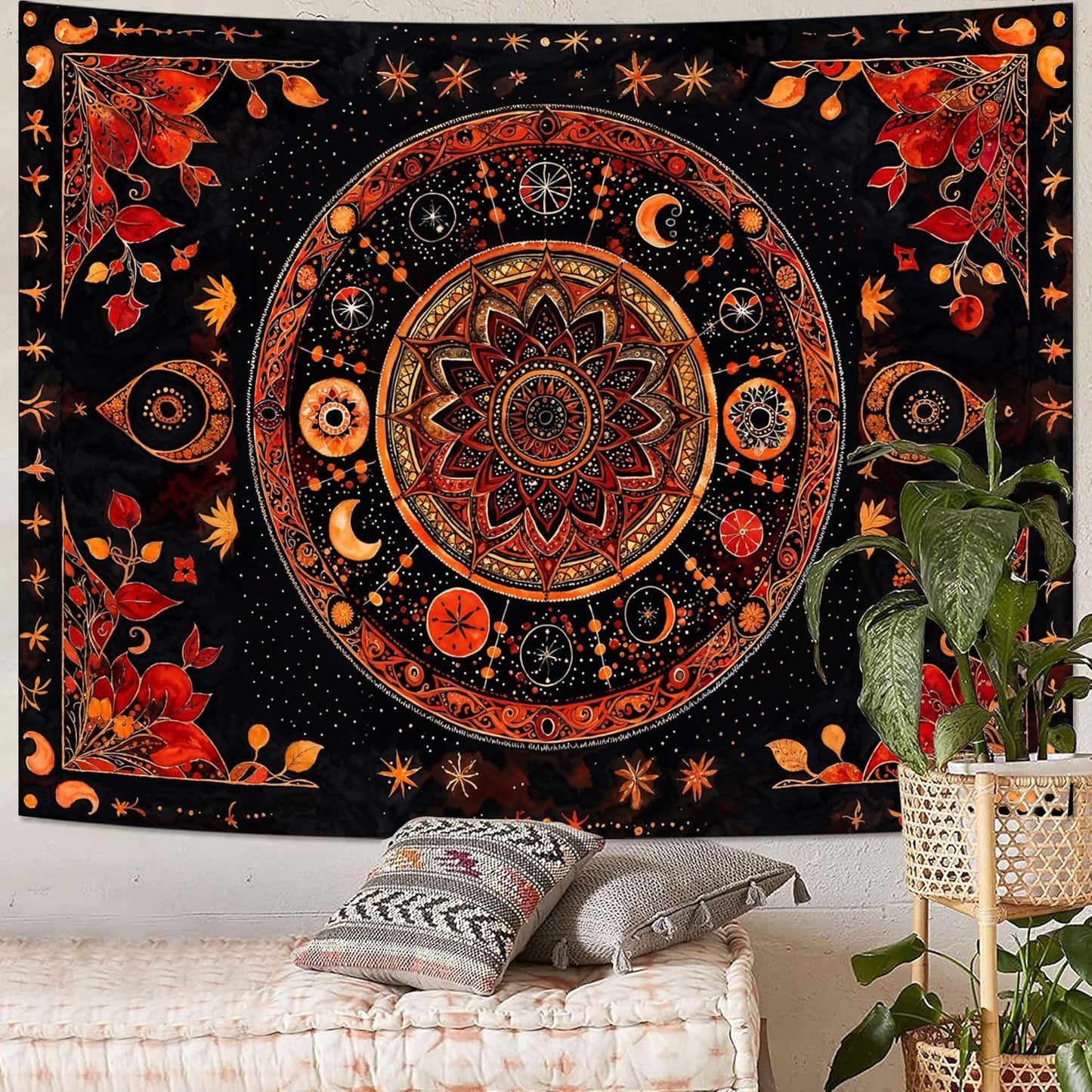 Lunerfex Mandala Moon and Stars Tapestry Boho Tapestry for Bedroom Black and Orange Tapestries Wall Hanging Living Room Wall Art and Home Decor 70x90