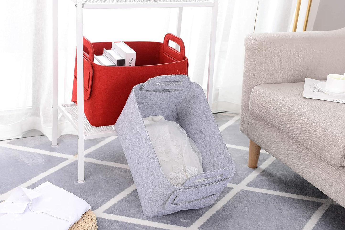 Storage Basket Felt Storage Bin Collapsible& Convenient Box Organizer with Carry Handles for Office Bedroom Closet Babies Nursery Toys Laundry (Light grey, 19.9inch(L)×13.6inch(W)×12.6inch(H))