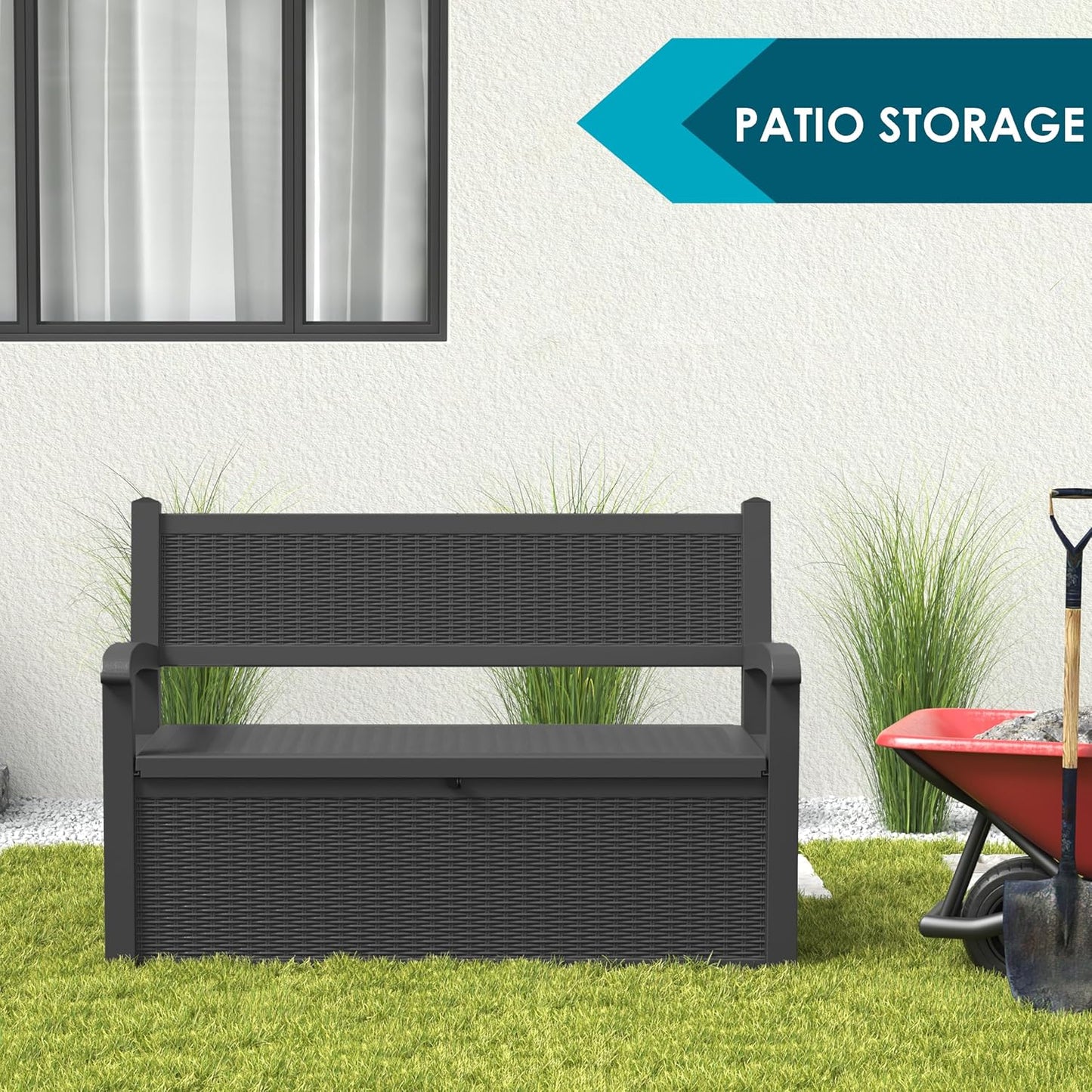 70 Gallon Storage Bench Deck Box for Patio Furniture with Armrest Bench Outdoor Storage