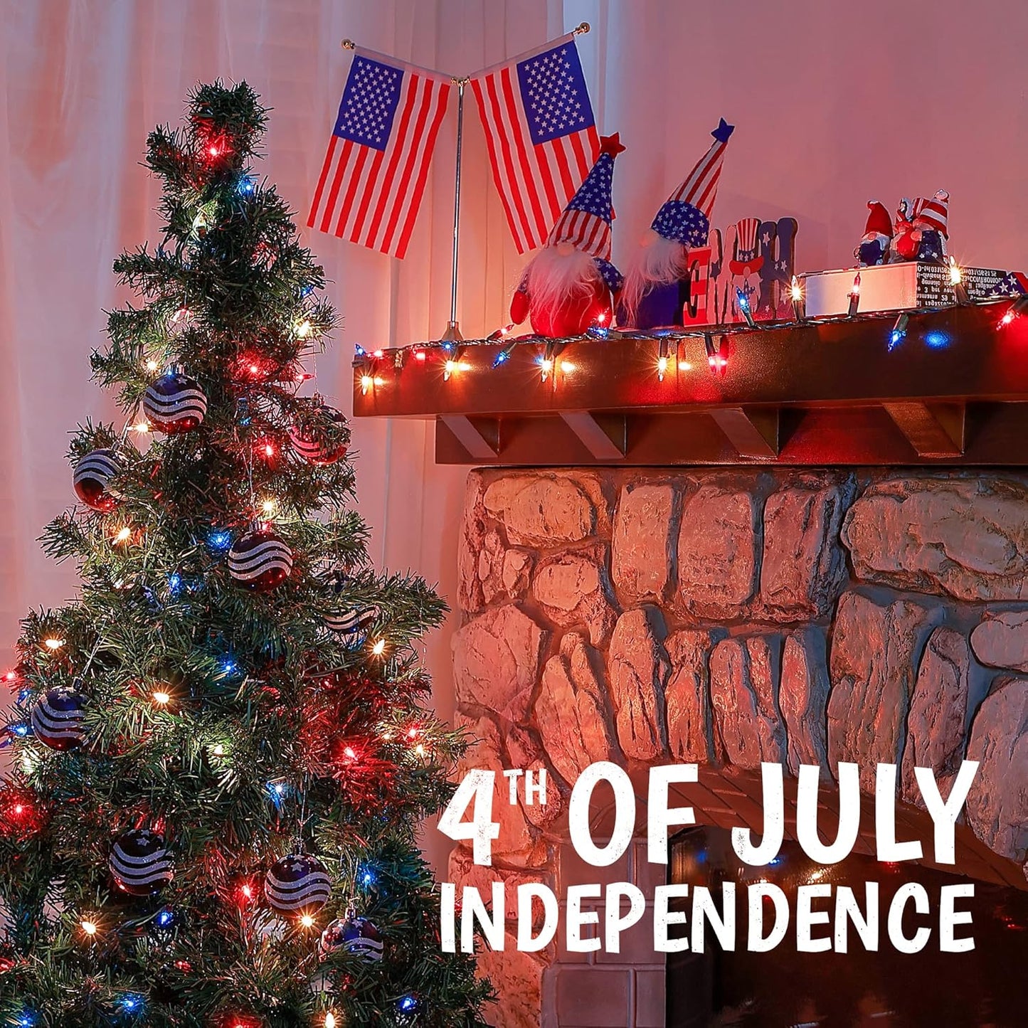 50 Count Red White and Blue Mini String Lights with Green Wire,Connectable 13ft 120V Waterproof 4th of July Patriotic Incandescent Lights, Independence Day Lights for Outdoor Indoor Decor