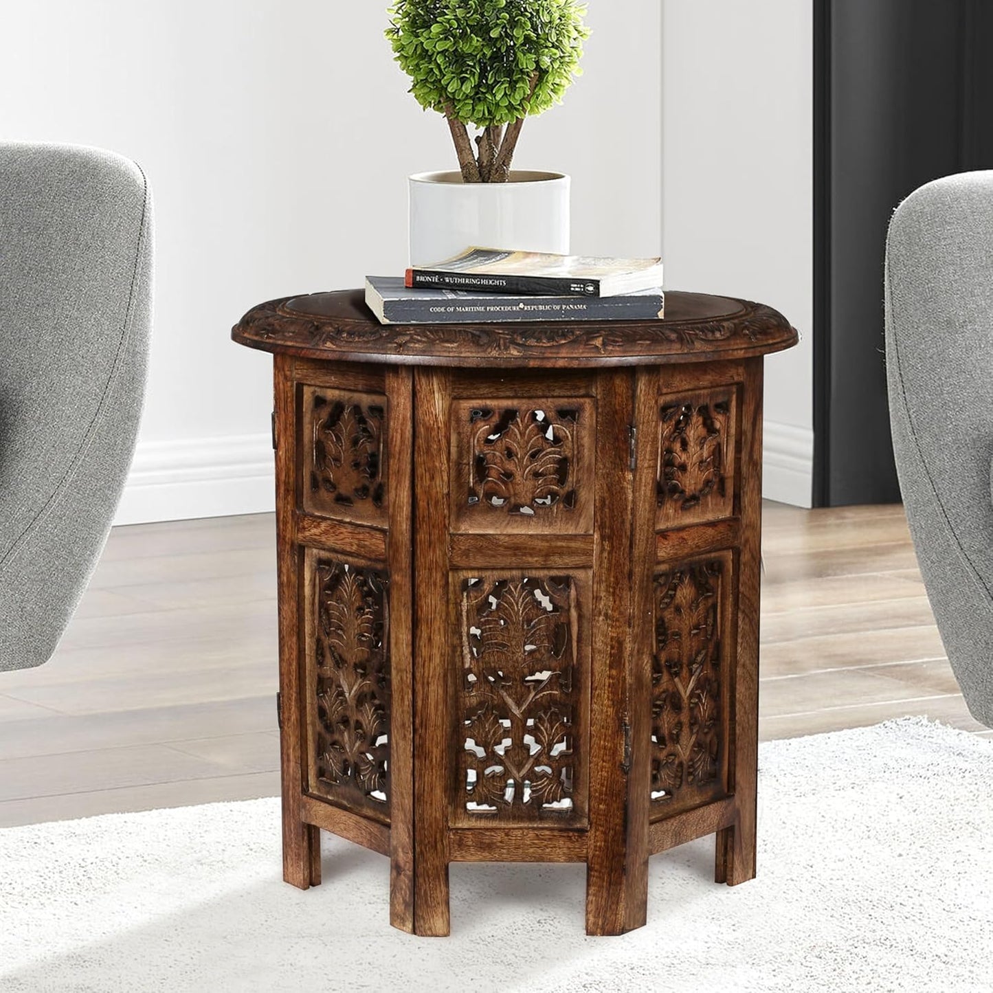 Lightnpro Handcrafted Wooden Round Accent Table - Vintage Farmhouse Octagonal Side End Table with Intricate Carvings for Living Room, Bedroom, Entryway - 18x18 Inch - Burnt