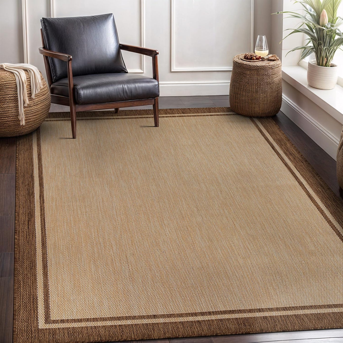 CAMILSON Outdoor Rug 8x10 Bordered Natural Brown Modern Area Rugs for Indoor and Outdoor Patios, Kitchen and Hallway Mats, Washable Porch Deck Outside Carpet (Border Jute, 8 x 10)