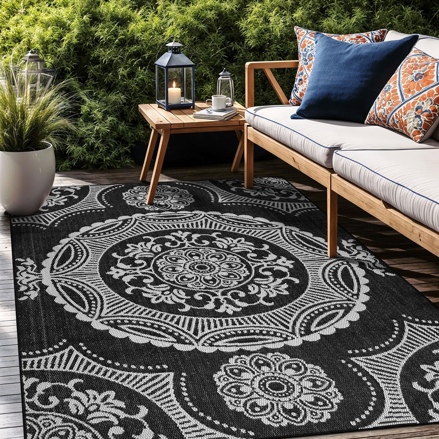 Medallion Outdoor Rug 6x9 Washable Outside Carpet for Indoor Patio Porch Waterproof Easy Cleaning Non Shedding Area Rugs Black 6 x 9