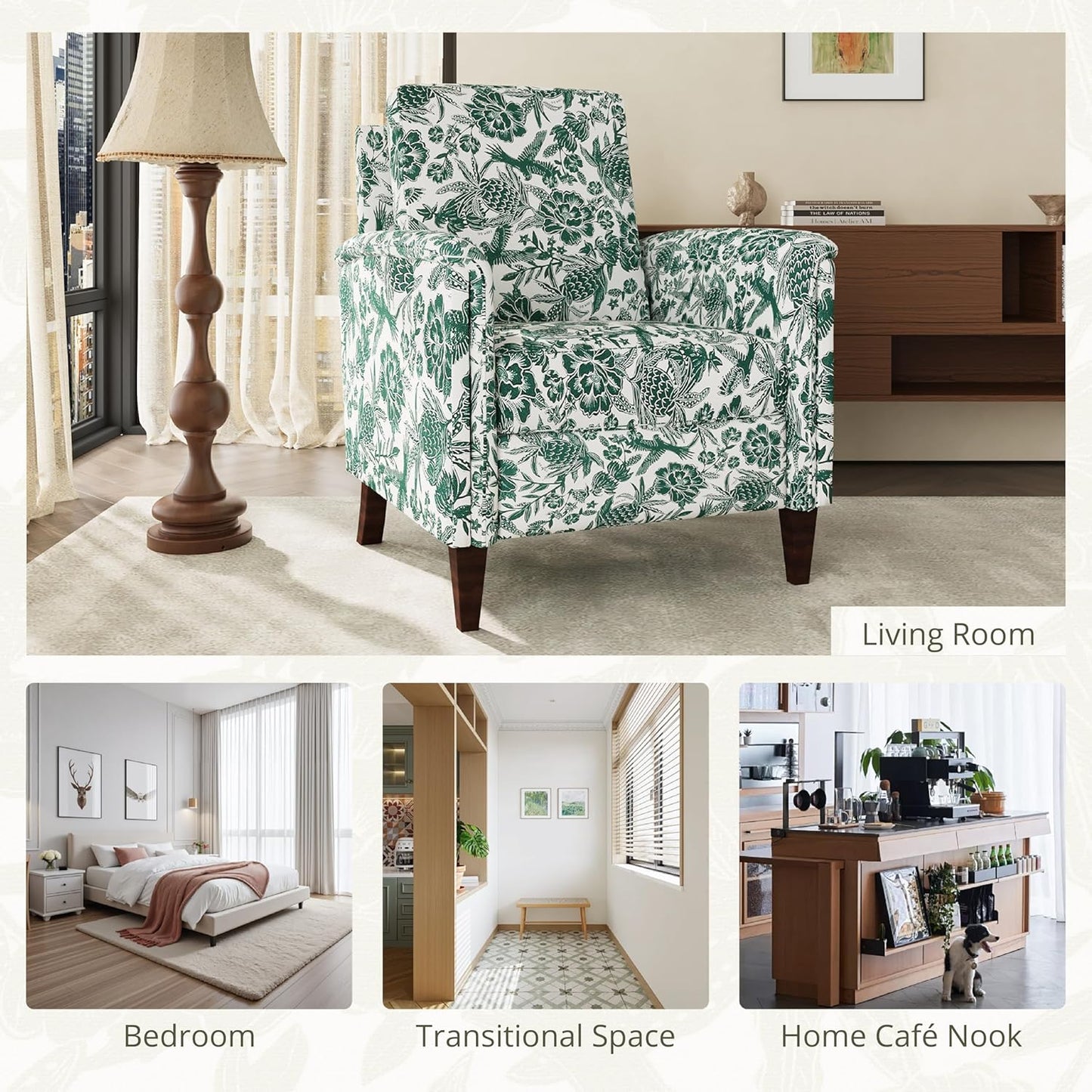 Floral Accent Chair, High Back Upholstered Armchair with Solid Wooden Legs, Padded Armrest and Removable Comfortable Cushioned Seat Single Sofa for Living Room, Bedroom, Green