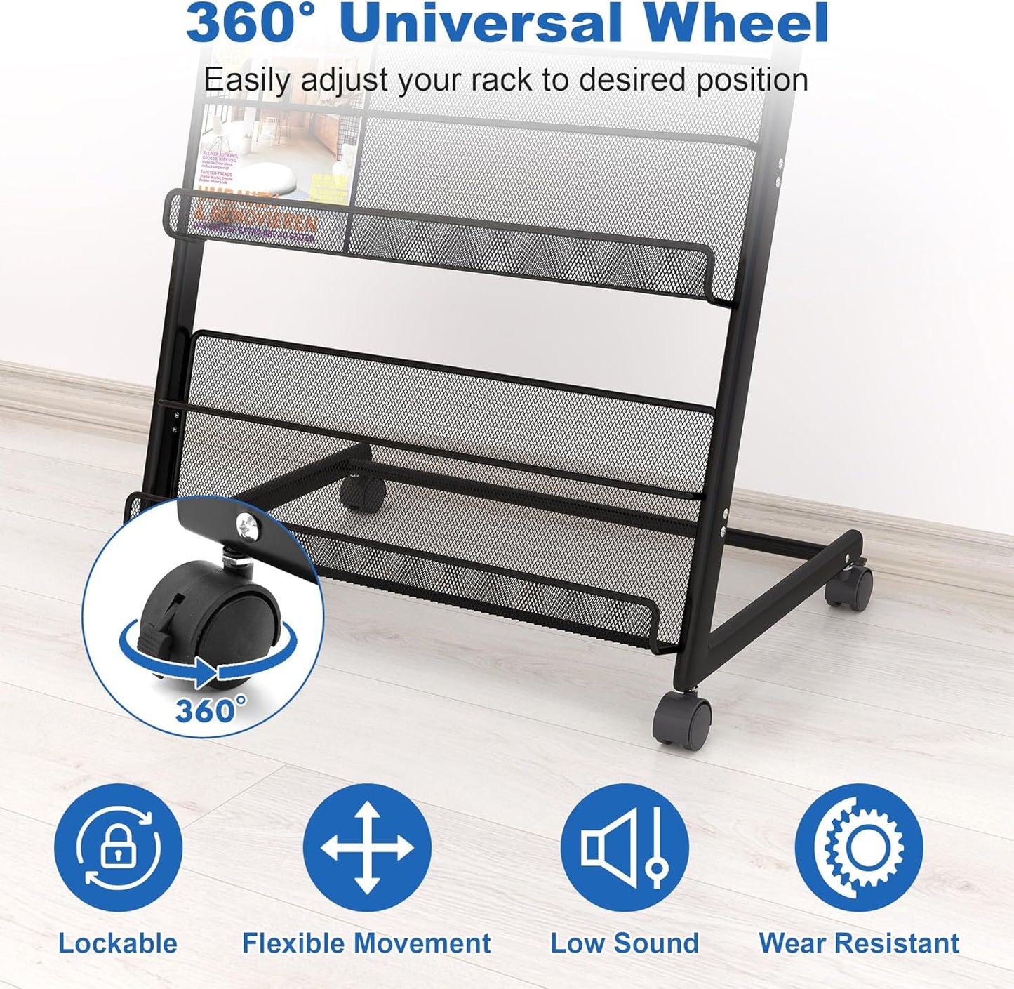 Brochure Display Stand 4 Layer Floor-Standing Magazine Rack Literature Newspaper Catalog Display Holder with Wheels and Top Billboard for Exhibitions,School, Hotel, Hospitals, Offices (Black)