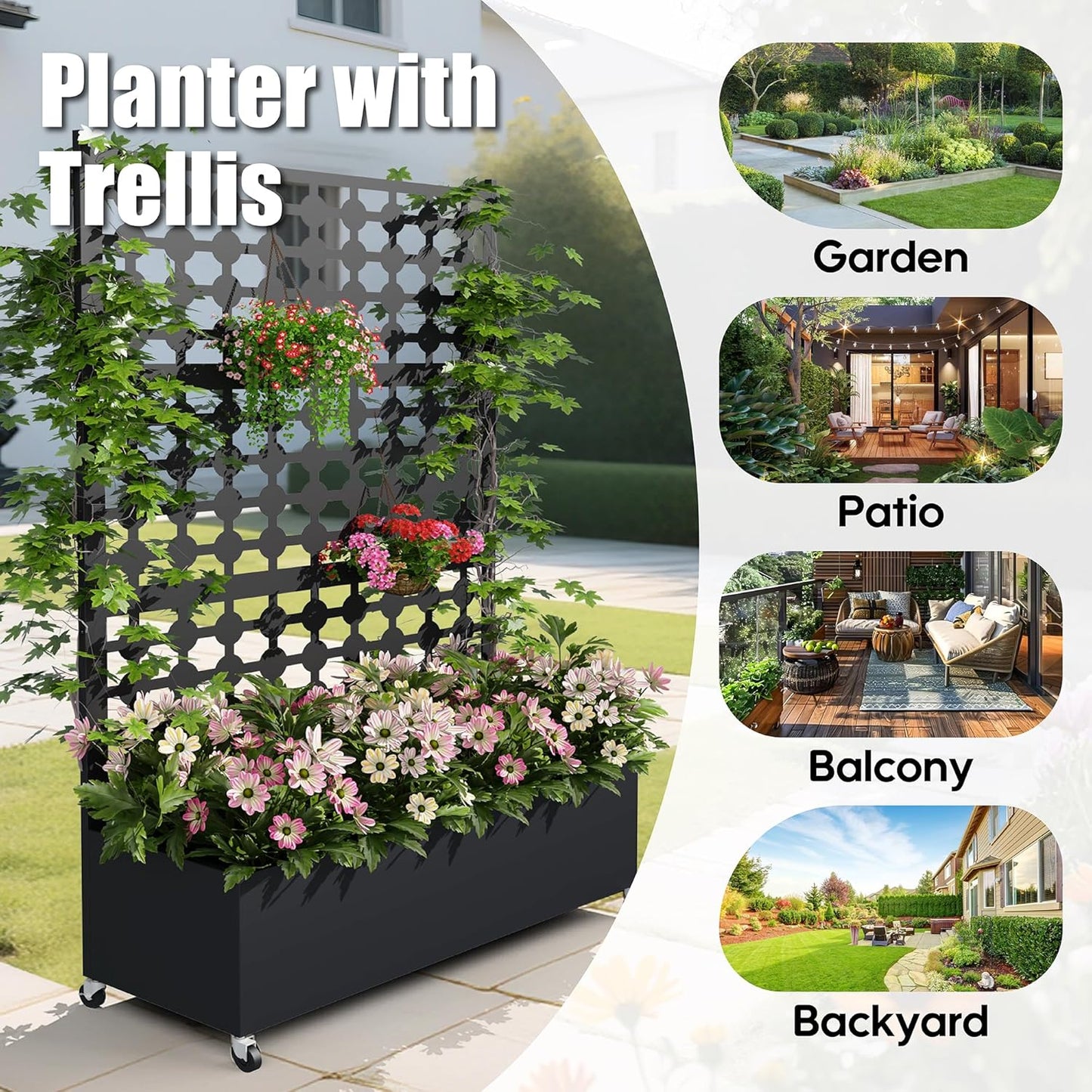 Metal Planter Box with Trellis Privacy Screen, Raised Garden Bed with Dots Trellis & Wheels, Privacy Planters for Patio, Planter Box for Climbing Plants, Flower, 73"x 47"x 16", Black