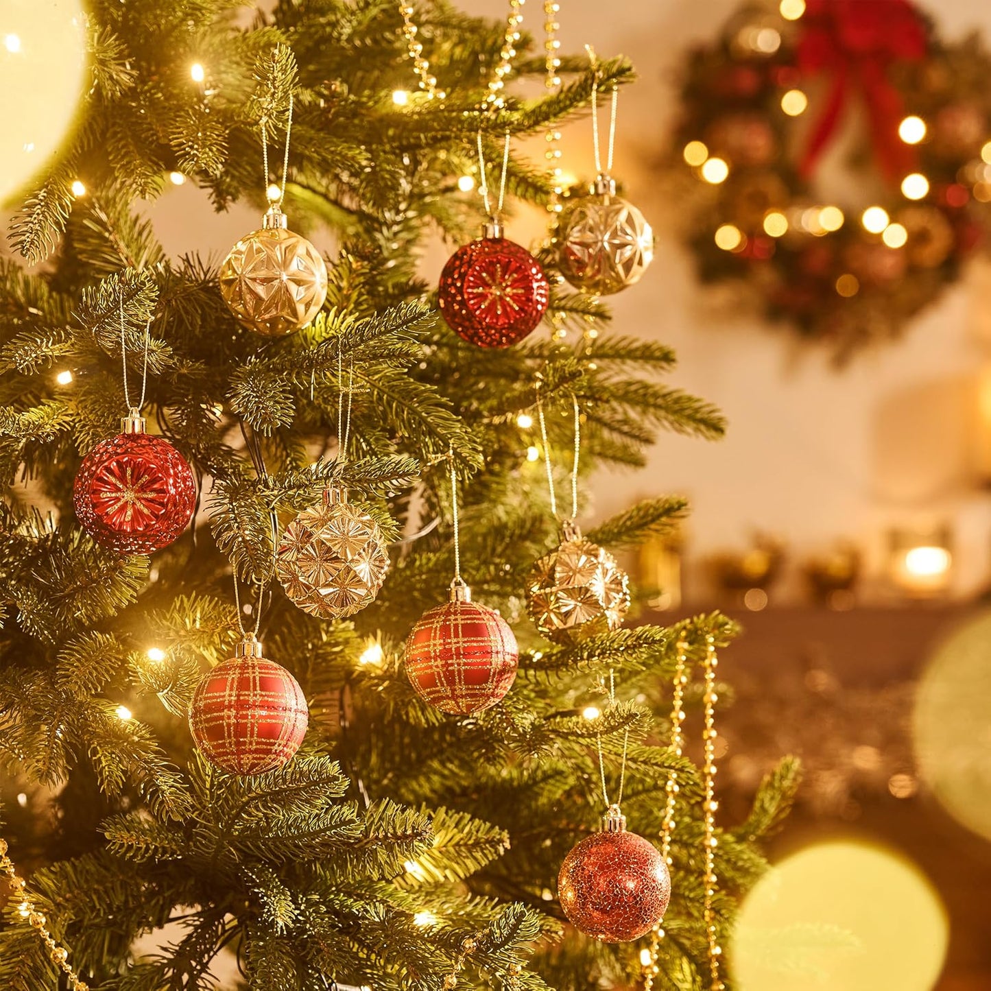 Valery Madelyn Ornaments for Christmas Trees, 16ct 2.36 Inches Red and Gold Shatterproof Christmas Tree Decorations, Luxury Hanging Ball Ornaments for Xmas Holiday Party Decor