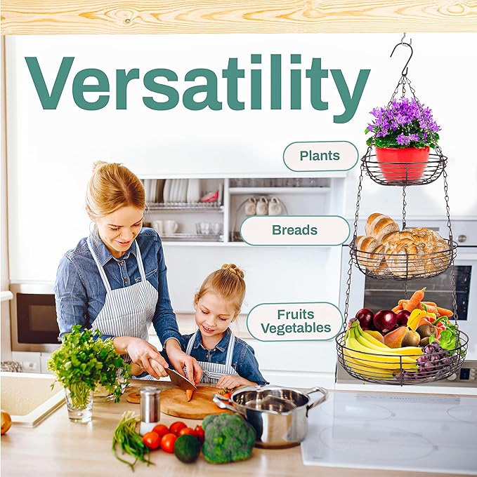 Home Intuition 3-Tier Hanging Fruit Produce Basket Heavy Duty Wire with 2 Metal Ceiling Hooks, Round, Bronze