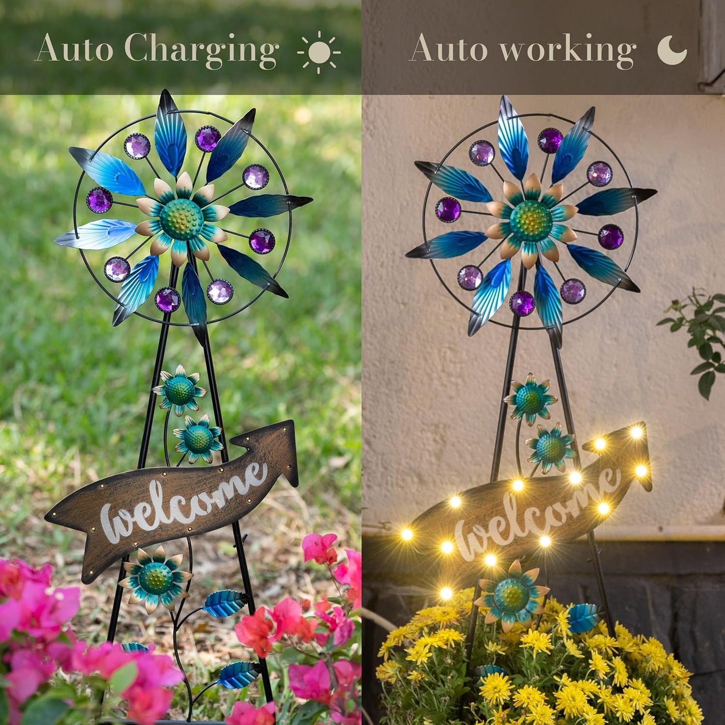 TERESA'S COLLECTIONS Peacock Garden Solar Stake, Wind Spinner Yard Art Sign for Outdoor Decor, Metal Purple Floral Windmill Decorative Garden Stake for Lawn Ornaments, Gifts for Mom, 37''