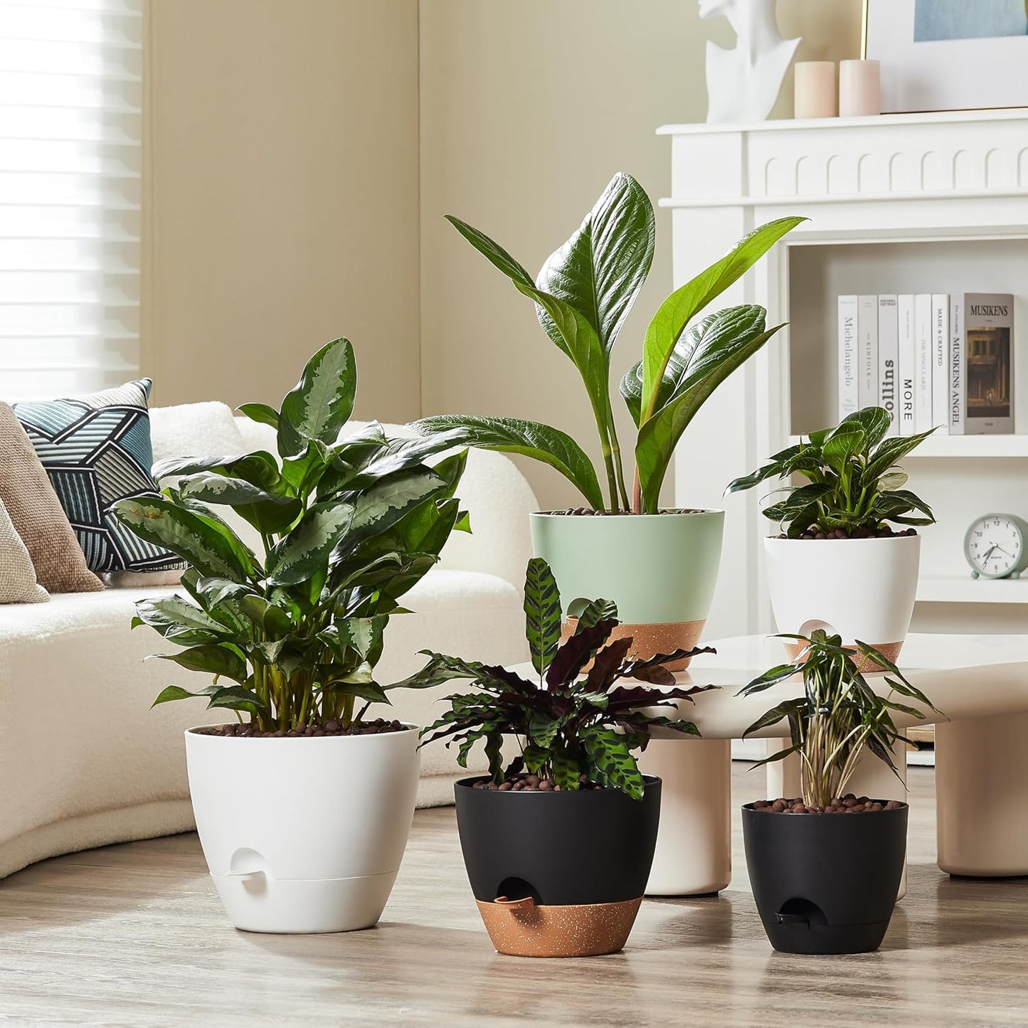 FaithLand 3-Pack Planter Pots, 10 9 8 Inch Self Watering Flower Pots for Indoor Outdoor Garden Plants, White with Brown