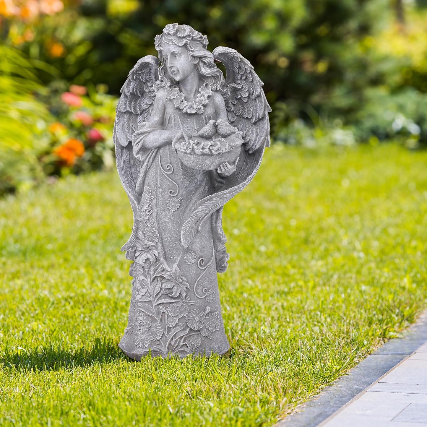Outdoor Statues Angel Décor Garden Statue- 23.5" H Angel Statue,Resin Angel with Bird Figurine, Ideal for Yard, Patio, Deck, Home Entryway, and Hallway(Grey)