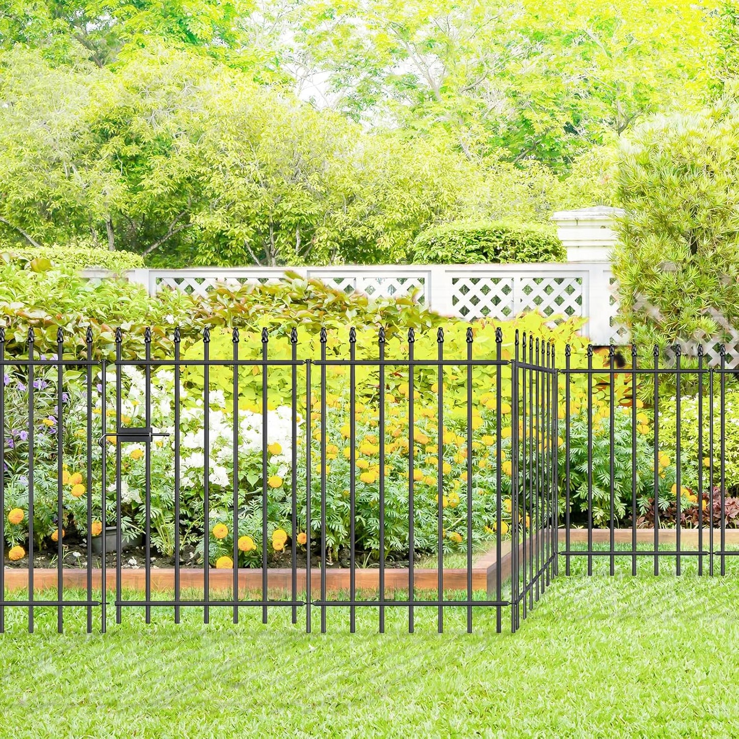 Metal Garden Fence with Gate 36 in H x 10 ft L, 1 Gate + 4 Panels Border Fence Panels Animal Barrier for Dogs, No Dig Garden Fencing for Yard Patio Flower Bed Lawn Outdoor, Black