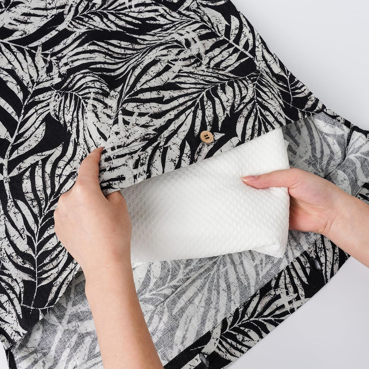 Linen Hanging Laundry Bag, 100% Linen Leaf Print Over The Door Laundry Hamper with Buttons and Zipper, Space Saving Door Hampers for Laundry Dirty Clothes Home Travel, Black, 19.7x27.5inches