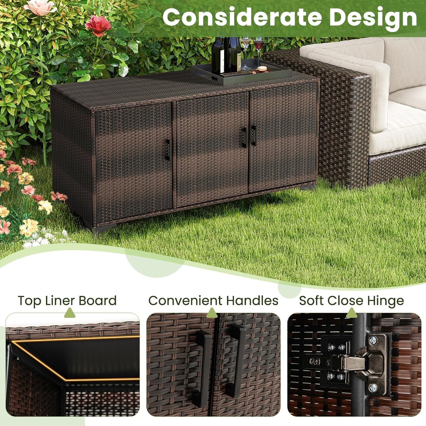 RELAX4LIFE 84-Gallon Outdoor Storage Box - Wicker Rattan 3-Door Patio Storage Cabinet Container w/Removable Shelves for Cushions, Garden Tools, Pool & Sports Equipment, Indoor Outdoor Deck Box (Brown)
