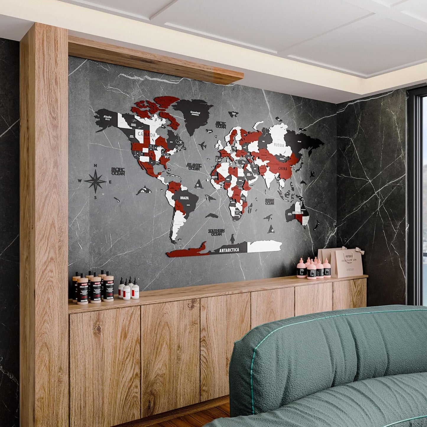 Colorfull Worlds 3D Wooden World Map Wall Art | Unique Wall Decor with Pins for Travel Enthusiasts | Home and Office Wall Décor | Burgundy | XXLarge