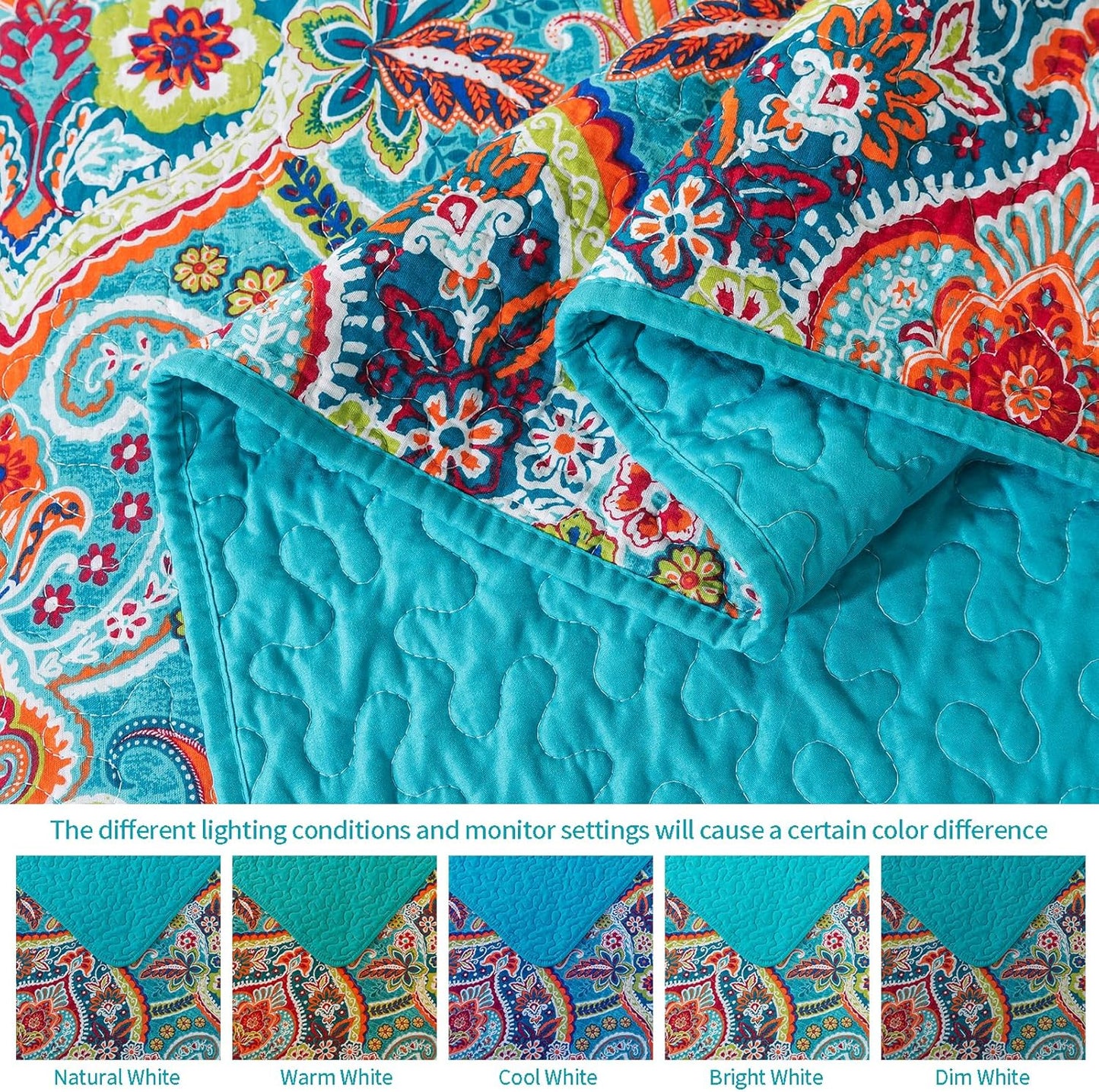 VAPUTAR Quilt Queen Bedding Set - Soft Cotton Quilts with Paisley Floral Pattern - Lightweight Reversible Bedspreads for Farmhouse (3 Pieces, Bright Teal)
