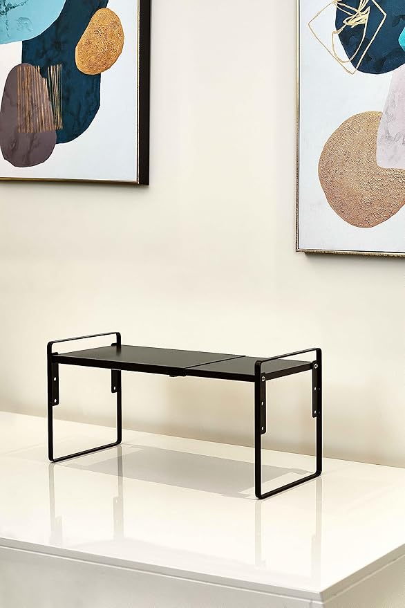 Nxconsu Cabinet Shelf Expandable Height Adjustable Organizer Riser for Kitchen Cabinet Pantry Cupboard Under Sink Countertop Organization Storage Space Saver Stackable Heavy Duty Metal Black