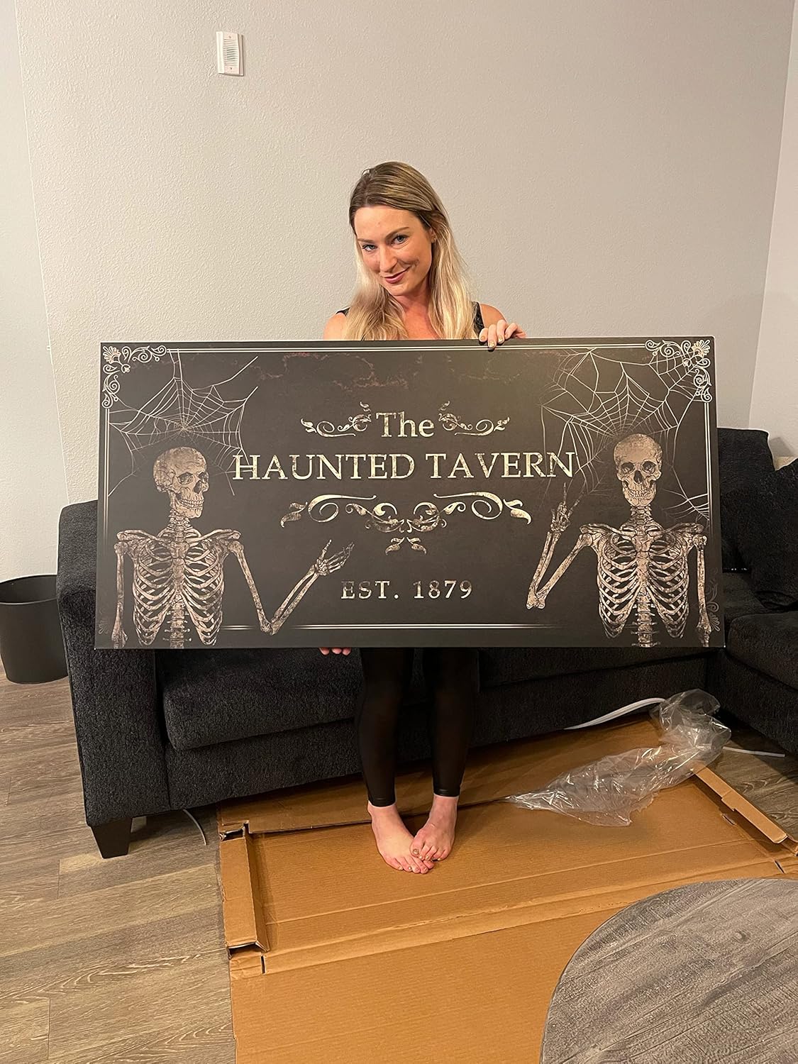 Tailored Canvases Gothic Family Wall Decor - Personalized Grunge Vintage Skeleton Room Decor for Home, Halloween Lovers, Men & Women for Bedroom, Living Room - Goth Spooky, Custom Couple Name, 48"x16"