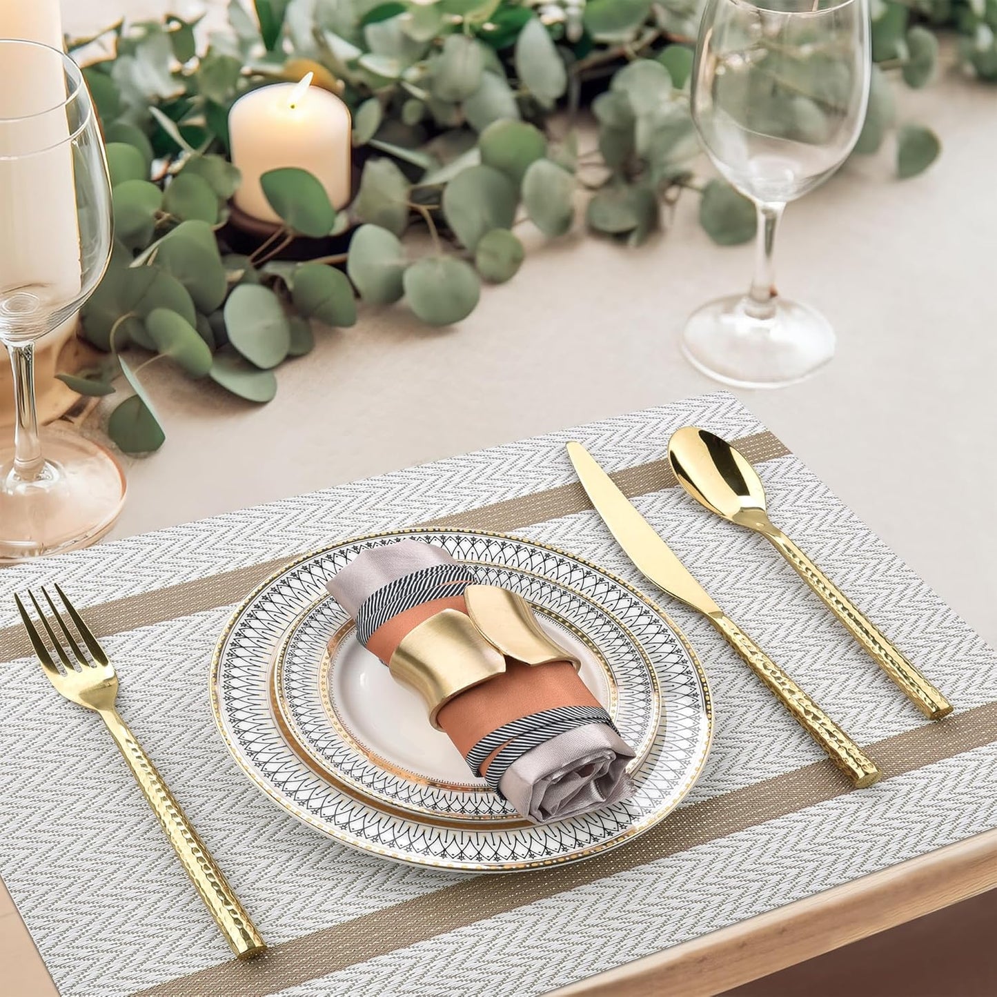 Beige White Placemats Set of 8 - Easy Clean Modern Durable Washable Vinyl Place Mats - Heat Resistant Placemats for Kitchen Table - PVC Table Mats for Dining Table (Beige White with Stripes, 8)