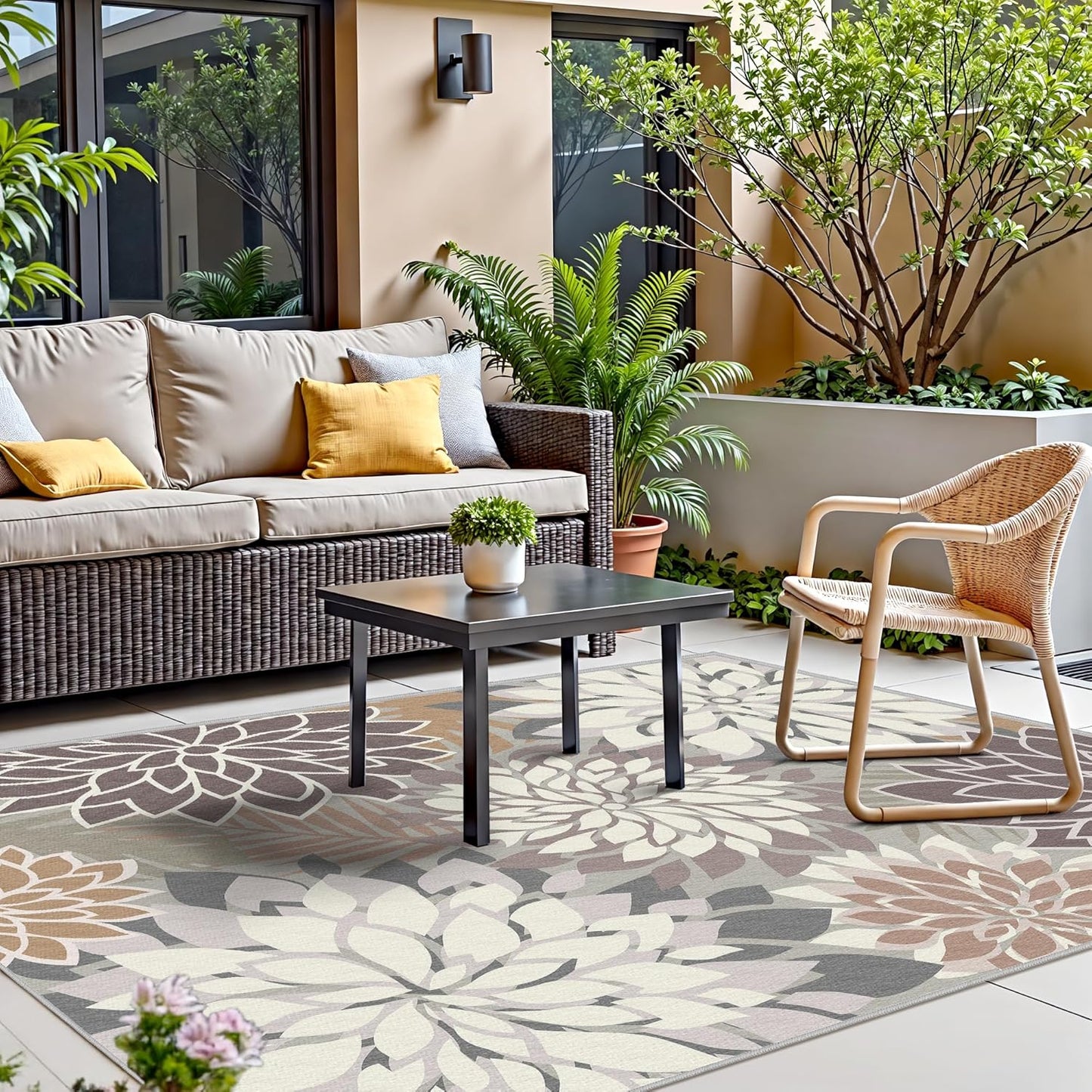 Indoor Outdoor Area Rug Washable Multicolored Patio Rug Tropical Botanical Modern Floral Indoor Outdoor Carpet Brown White Rug Non Slip Non Shedding for Patio, Deck, Backyard, Porch (8x10)