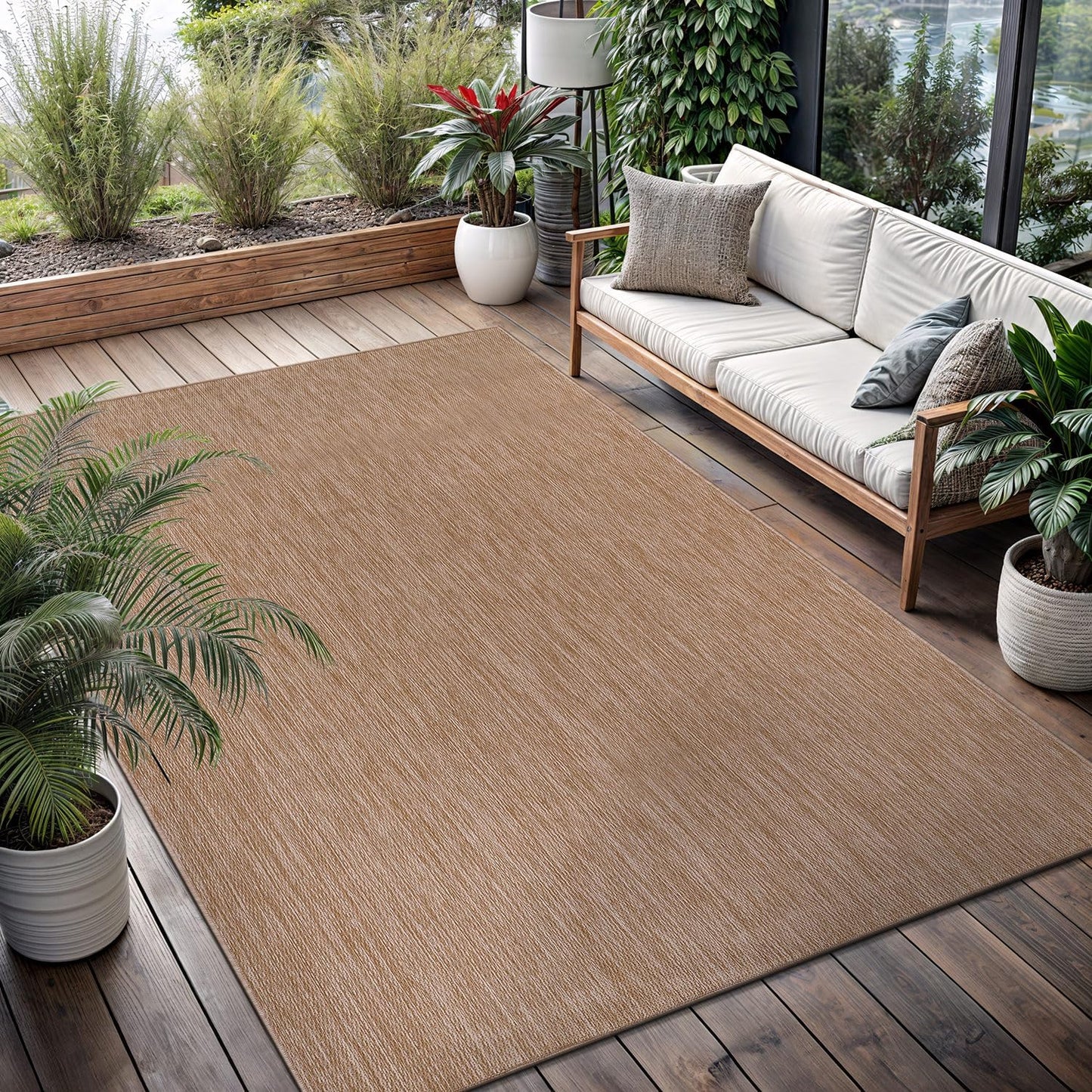 Washable Indoor Outdoor Rug 8x10 Weather Resistant Area Rugs Modern Solid Jute Rug for Porch Deck Balcony Backyard Patio Outside Carpet (8 X 10 Jute Beige)