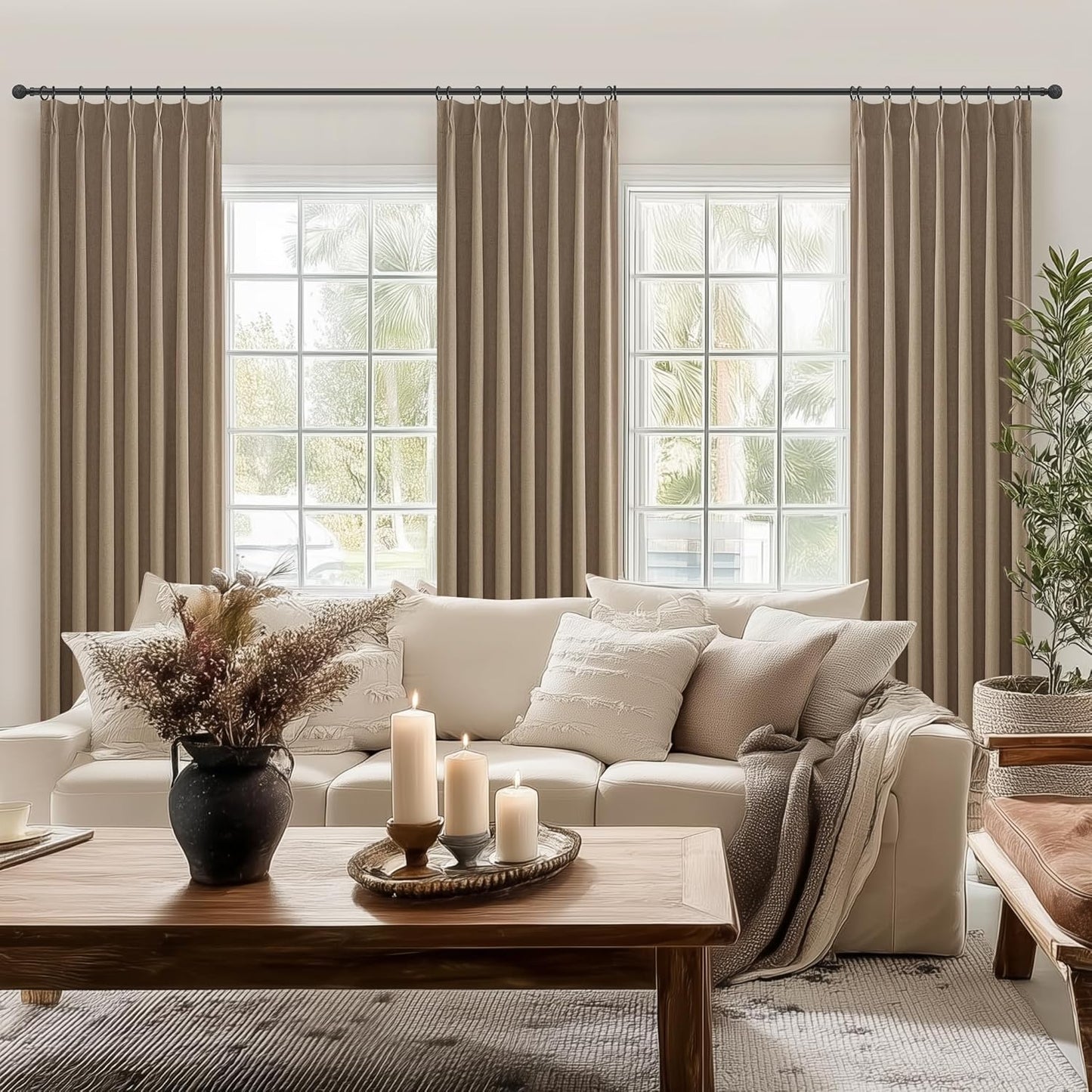 Primitive Curtain 108 Inch Long 2 Panels Burg,Chocolate Rust Brown Pinch Pleated Linen Blended 9 ft Floor Length to Ceiling Traverse Curtains for Living Room Blackout Drapes Sun Blocking Window