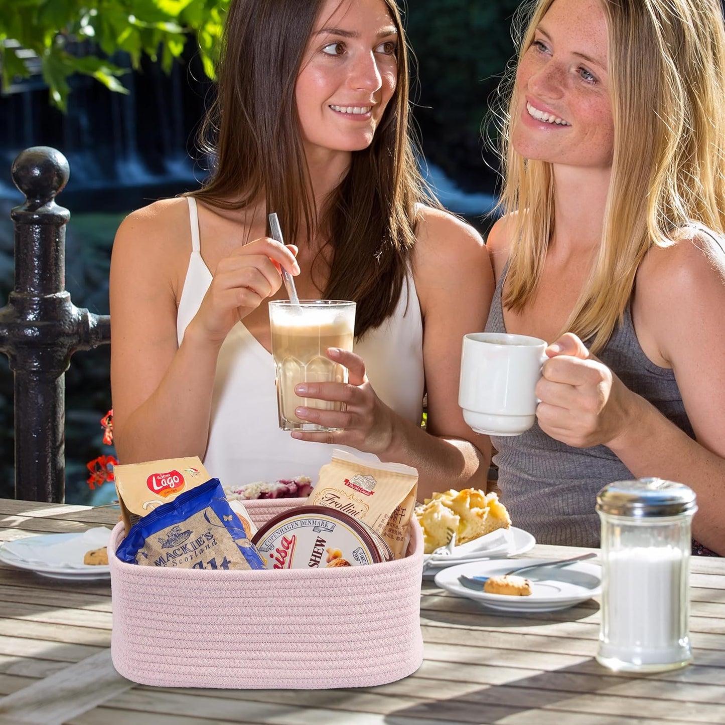 Small Woven Storage Baskets 13“X9”X5“ Decorative Rope Bins for Organizing Shelves, Closets, and Toys, Empty Gift Baskets, Cute Organizer Basket for Home and Office (pink, Large)