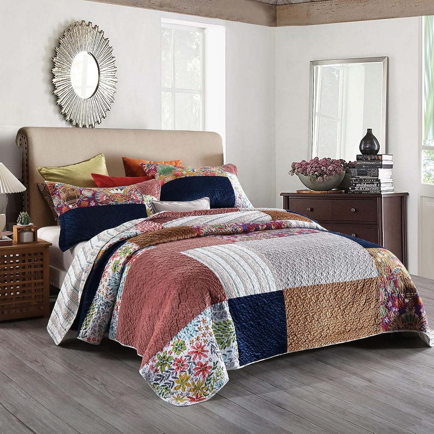 Secgo Queen Comforter Set for Bed - 100% Cotton Quilts Queen Size, Black Bedspreads (90 * 98 Inch) with 2 Pillow Shams, Patchwork Reversible Lightweight Bedding