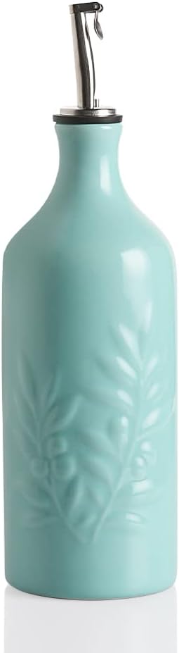 Sweejar Ceramic Olive Oil Dispenser Bottle, 20 Oz Relief Design EVOO Oil and Vinegar Dispensing Bottle with Spout for Kitchen, Set of 1 (Turquoise)