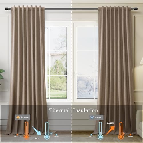 BOODII 63 Inch Blackout Curtains Linen Black Out Curtains for Bedroom 2 Panels Set Neutral Room Darkening Curtain Brown Thermal Insulated Curtain for Nursery Window Drapes Back Tab 52x63