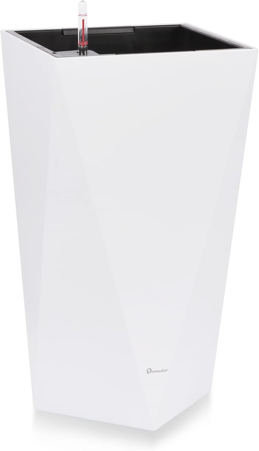 Dexceder 20 Inches Tall Self Watering Planter Diamond High Gloss Indoor Outdoor, Thickened Rhombus Large Floor Standing Flower Plant Pot with Water Level Indicator (White)